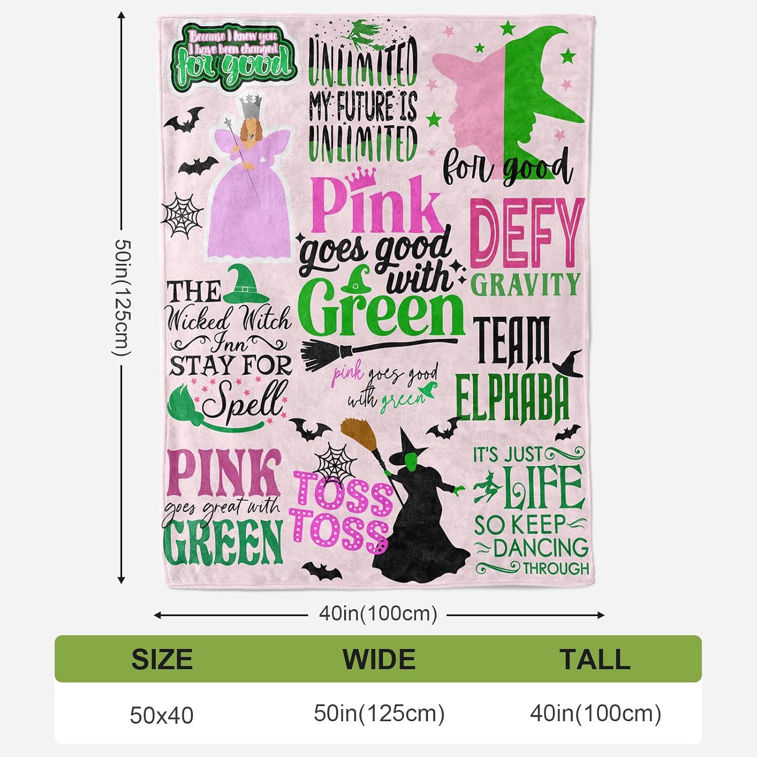 50'' x 40'' Elphaba Hat Glinda Witch Pink Flannel Blanket, Magic Movie Land Blanket, Evil Gift Queen Throw Broom, All Seasons Warm Cozy Soft Blanket for Sofa Chair Bed Halloween Women Girls Fans 3