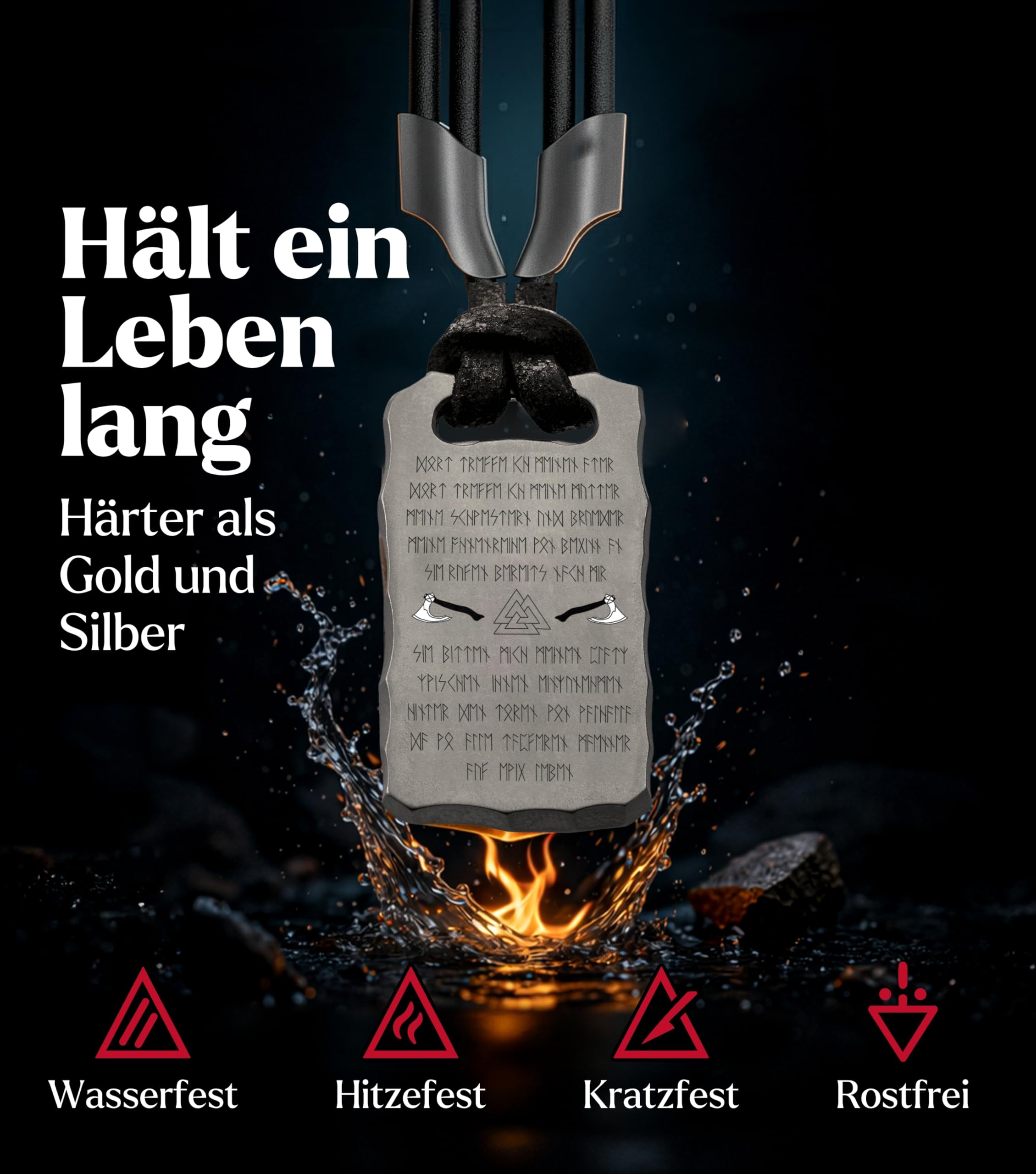 Titan-Anhänger mit Valknut Wotansknoten & Wikingergebet – Halskette aus schwarzem Lederband und robustem Titan – Nordischer Runen-Schmuck & Odin Talisman für Herren & Damen