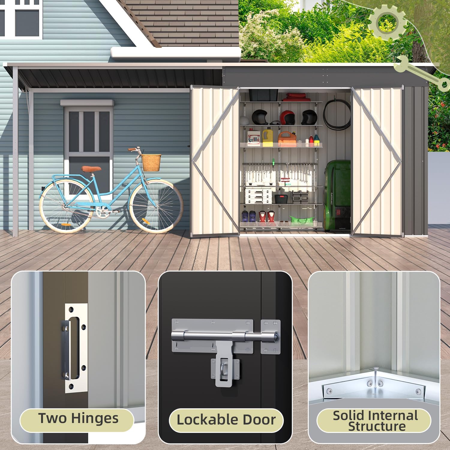 Close-up of shed features: two hinges, lockable door, solid internal structure