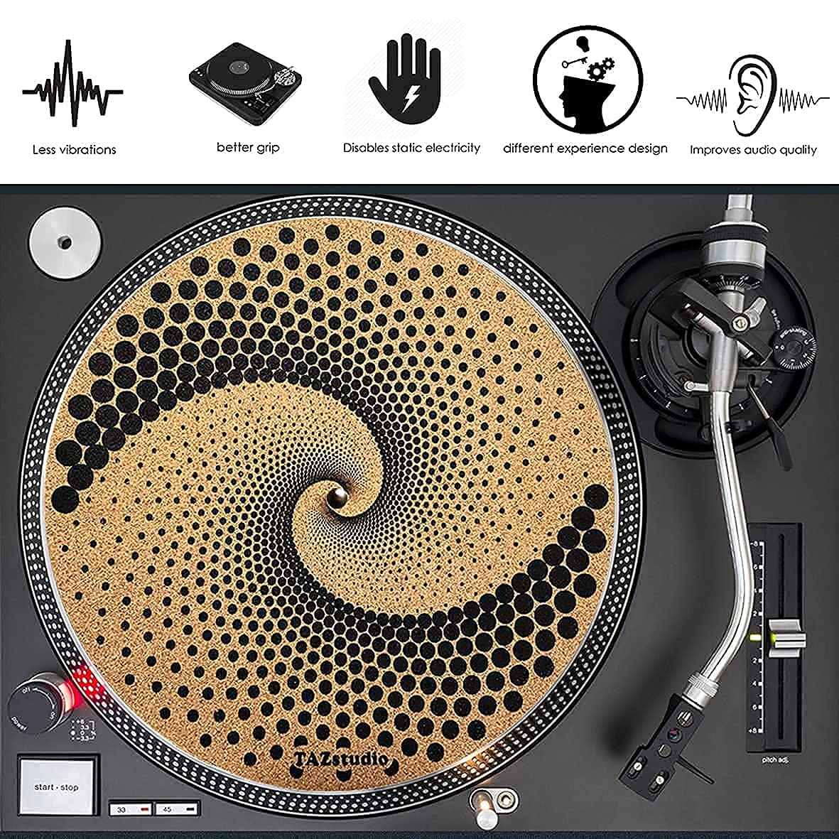 Kork-Plattenspielermatte für besseren Klang auf Vinyl-LP-Plattenspielern – Original geometrisches Design, psychedelische geometrische Punktkunst (3 mm dick) – m3