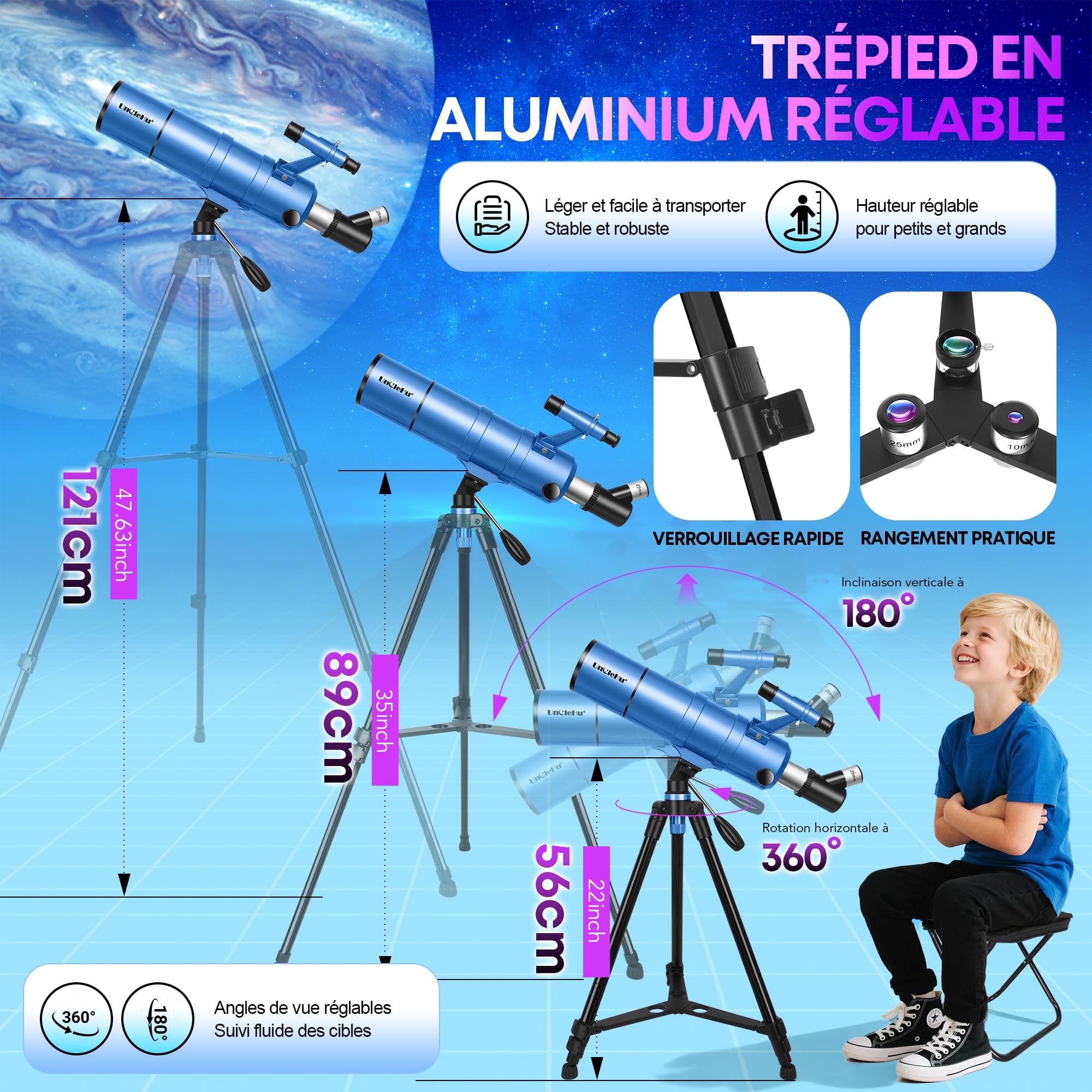 UncleHu Télescope 90/550mm pour Adultes et Enfants avec Tabouret Pliant | Optique FMC, 22–165×, Télescope Réfracteur Astronomique avec Trépied&Adaptateur Smartphone&Sac, Observation Terrestre&Lunaire