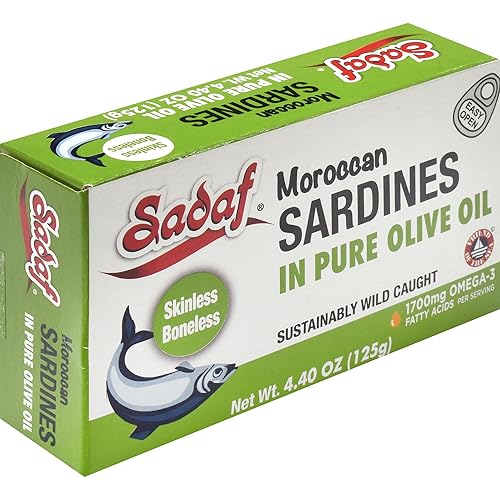 Miniatura 3 de Sadaf Sardinas marroquíes prémium en aceite de oliva, sardinas sostenibles capturadas en la naturaleza para cocinar, sardinas enlatadas en aceite de