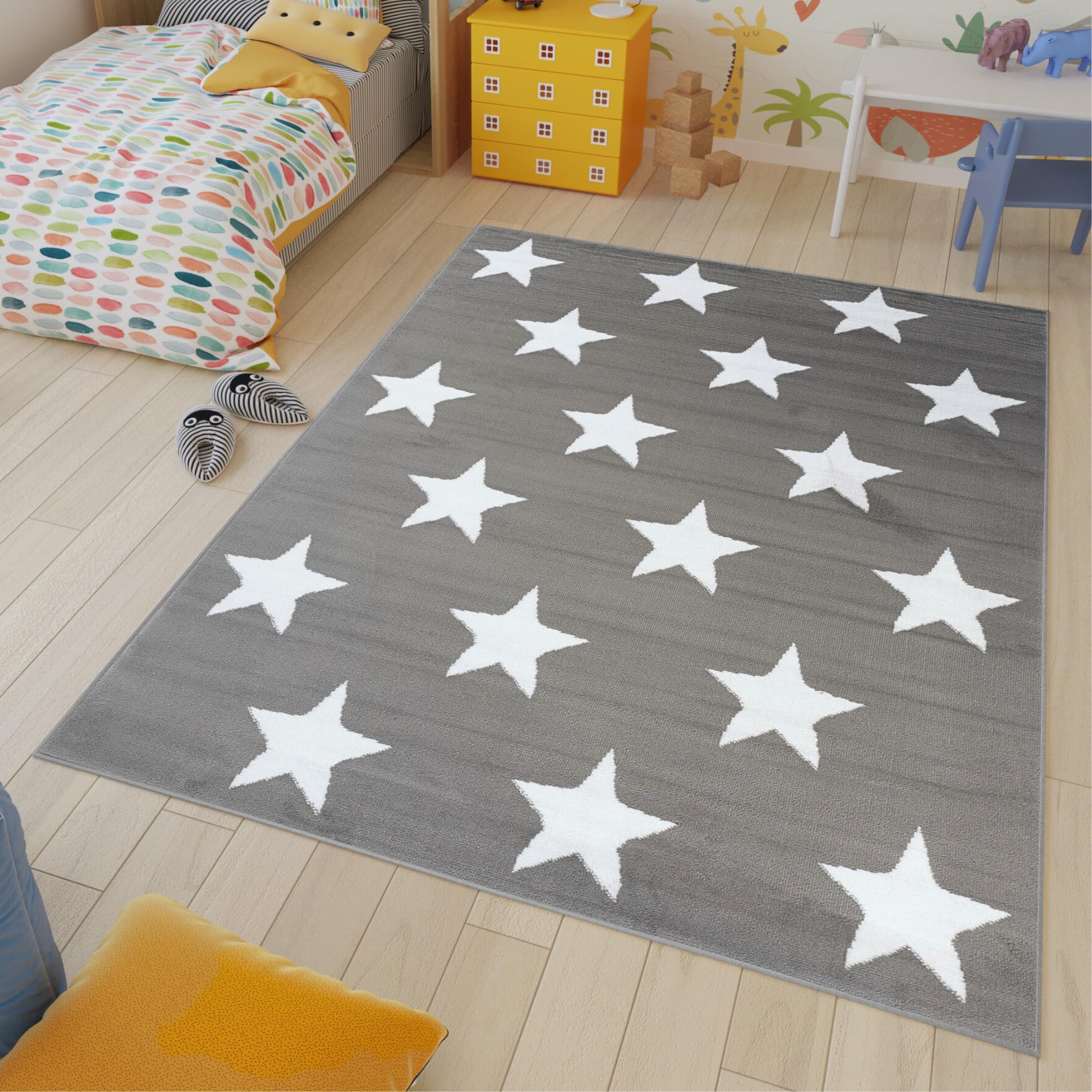 Tapiso Luxury dywan z krótkim włosiem, szary, biały, nowoczesny, geometryczny wzór, gwiazdy, do salonu, pokoju młodzieżowego, pokoju dziecięcego, Ökotex 250 x 300 cm