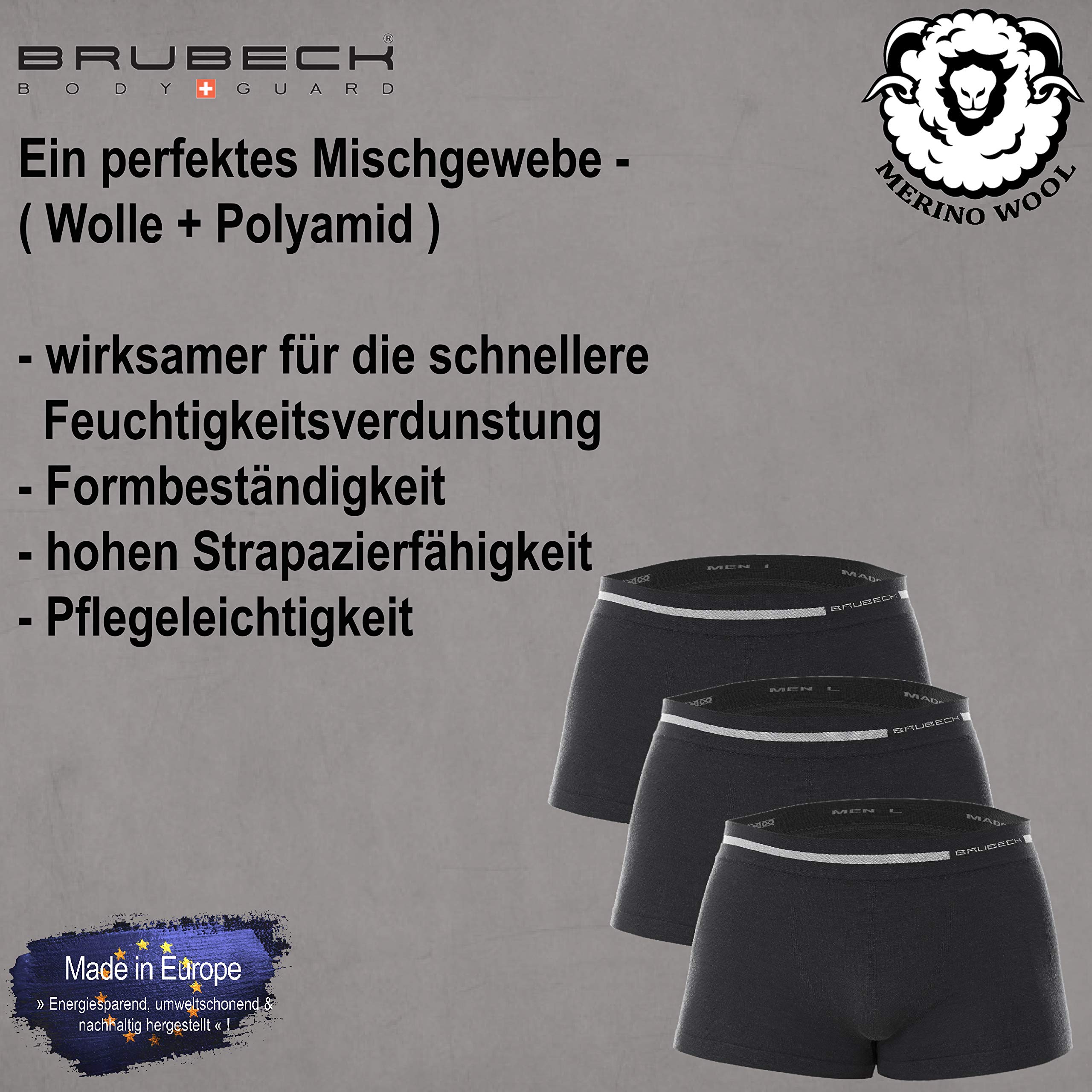 BRUBECK 3er Pack Herren Boxershorts | Atmungsaktiv | Sport | Unterhose | Funktionsunterwäsche | Briefs | Retro | 41% Merino-Wolle | BX10430