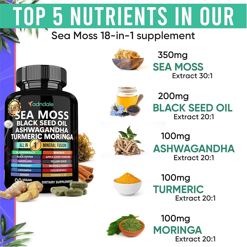 Adndale Sea Moss Capsules - Sea Moss Blend with Ashwagandha, Turmeric & Black Seed Oil - 90 Count image 2