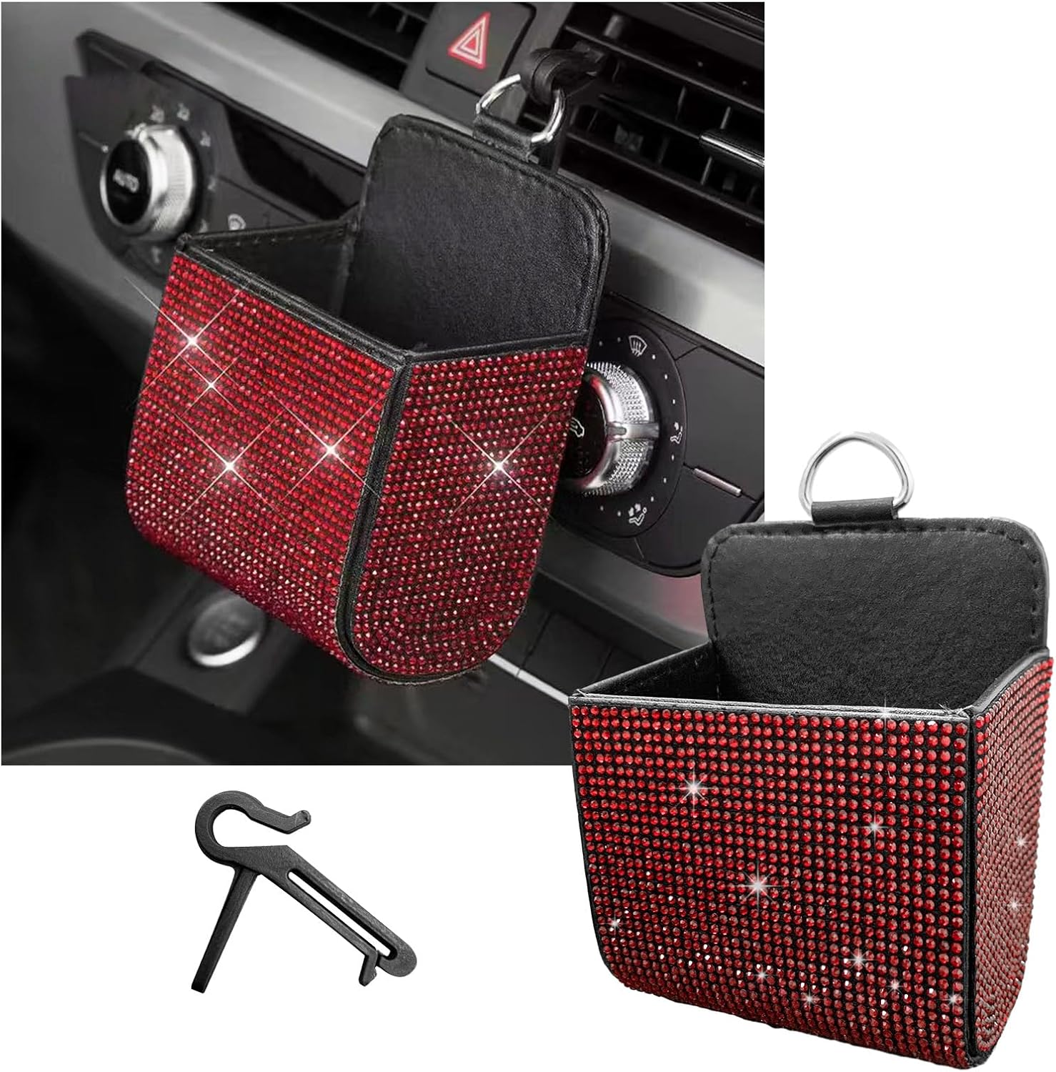 Dickno Car Vent Storage Organizer, Rhinestones Leather Air Vent Pocket, Bling