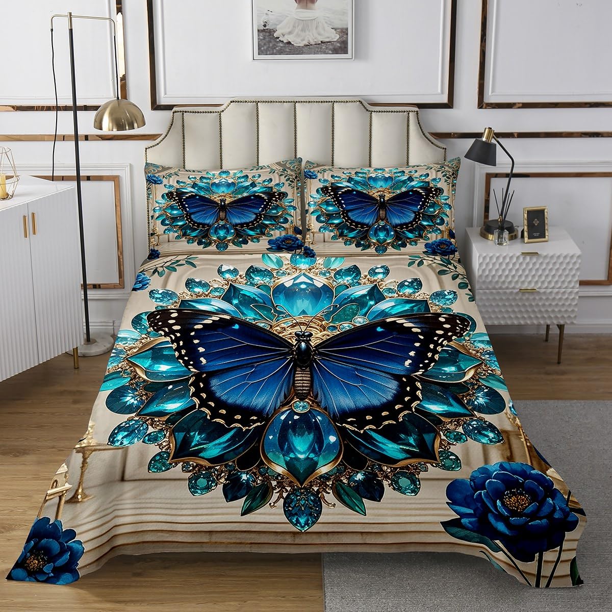 Castle Fairy Butterfly Bedspread Twin Size,Jewelry Print Fashion Bedding Coverlet for Kids Teens Bedroom Decor,Fashion Fluid Stripes Blue Bedding Set 2Pcs,1 Pillowcase