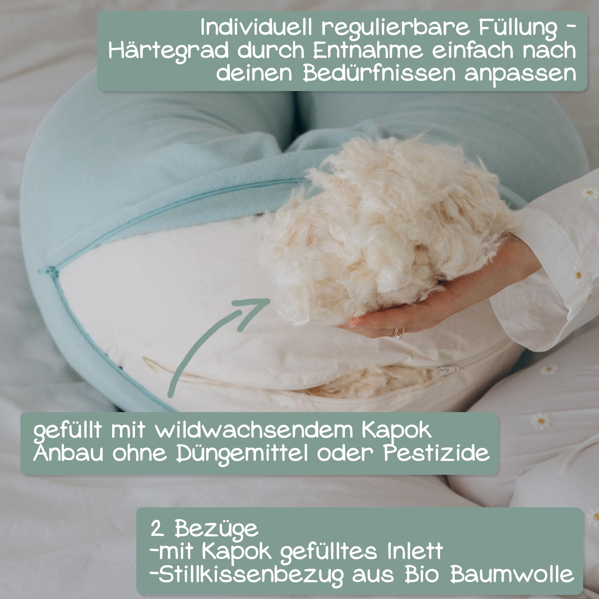Stillkissen XXL Bio Baumwolle (Öko-Tex 100) mit Kapok Füllung (190x30cm) créme - Großes Baby-Kissen zum Schlafen, Stillen & Flasche geben, Schwangerschaftskissen & Seitenschläferkissen