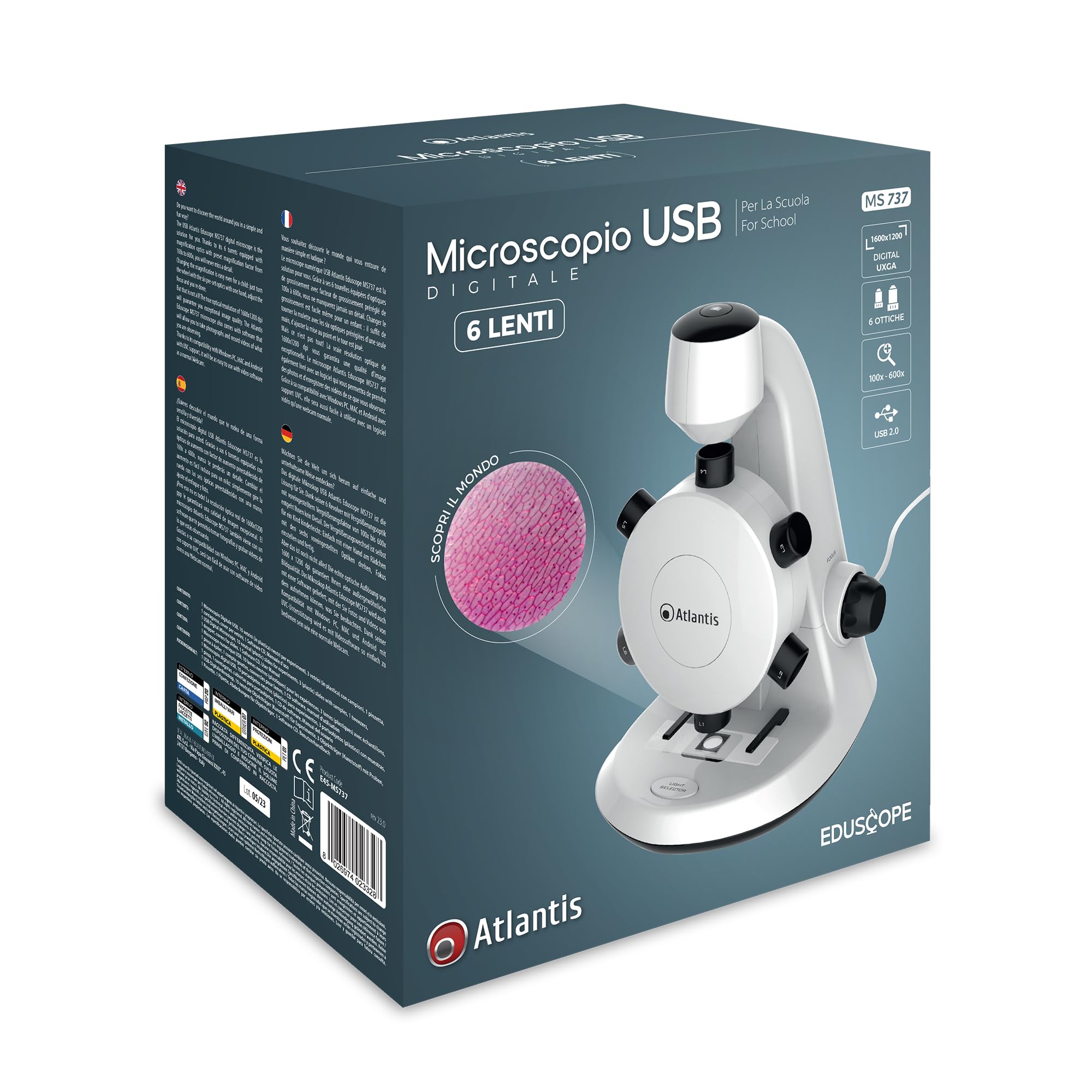 Microscopio Digitale USB Atlantis E45-MS737. Risoluzione UXGA 1600x1200. 6 ottiche di ingrandimento preimpostato da 100x a 600x. Messa a fuoco, Illuminazione superiore ed inferiore. PC, MAC e Android
