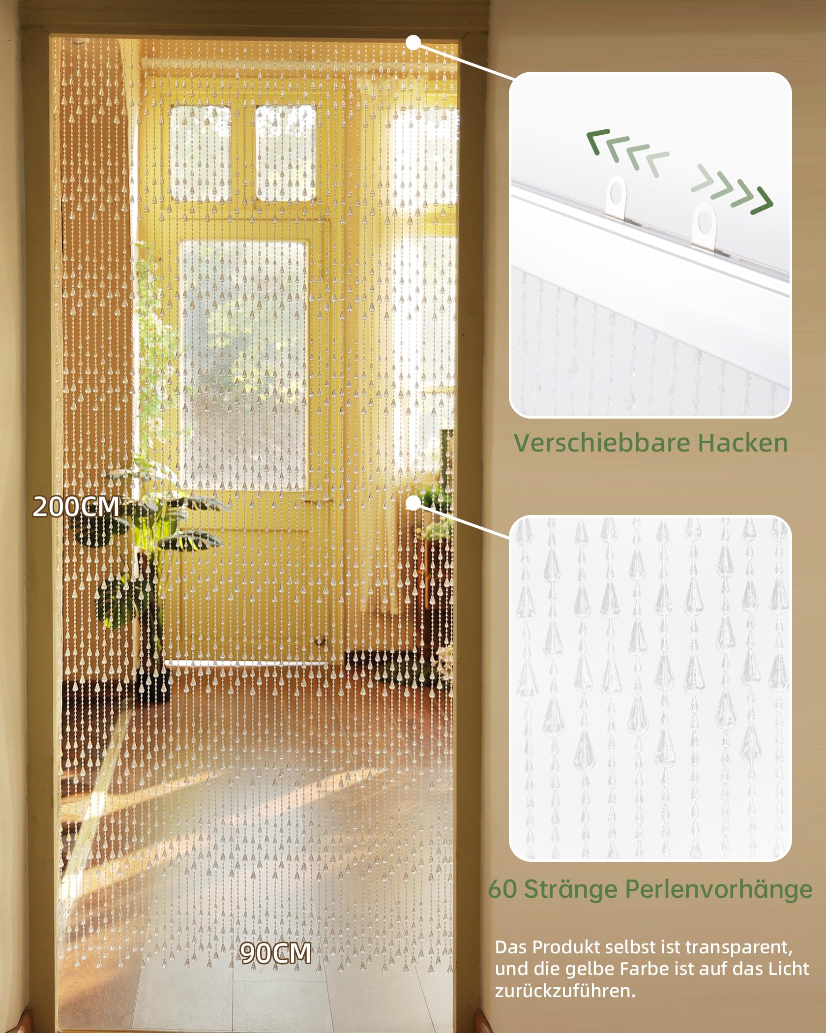 Transparent Perlenvorhang Balkontür 90x200cm, 60 Stränge Kunststoffperlenvorhang Perlenvorhang Türvorhang als Insektenschutz und Dekoration für Balkontür, Zimmer(Gezeiten Stil)