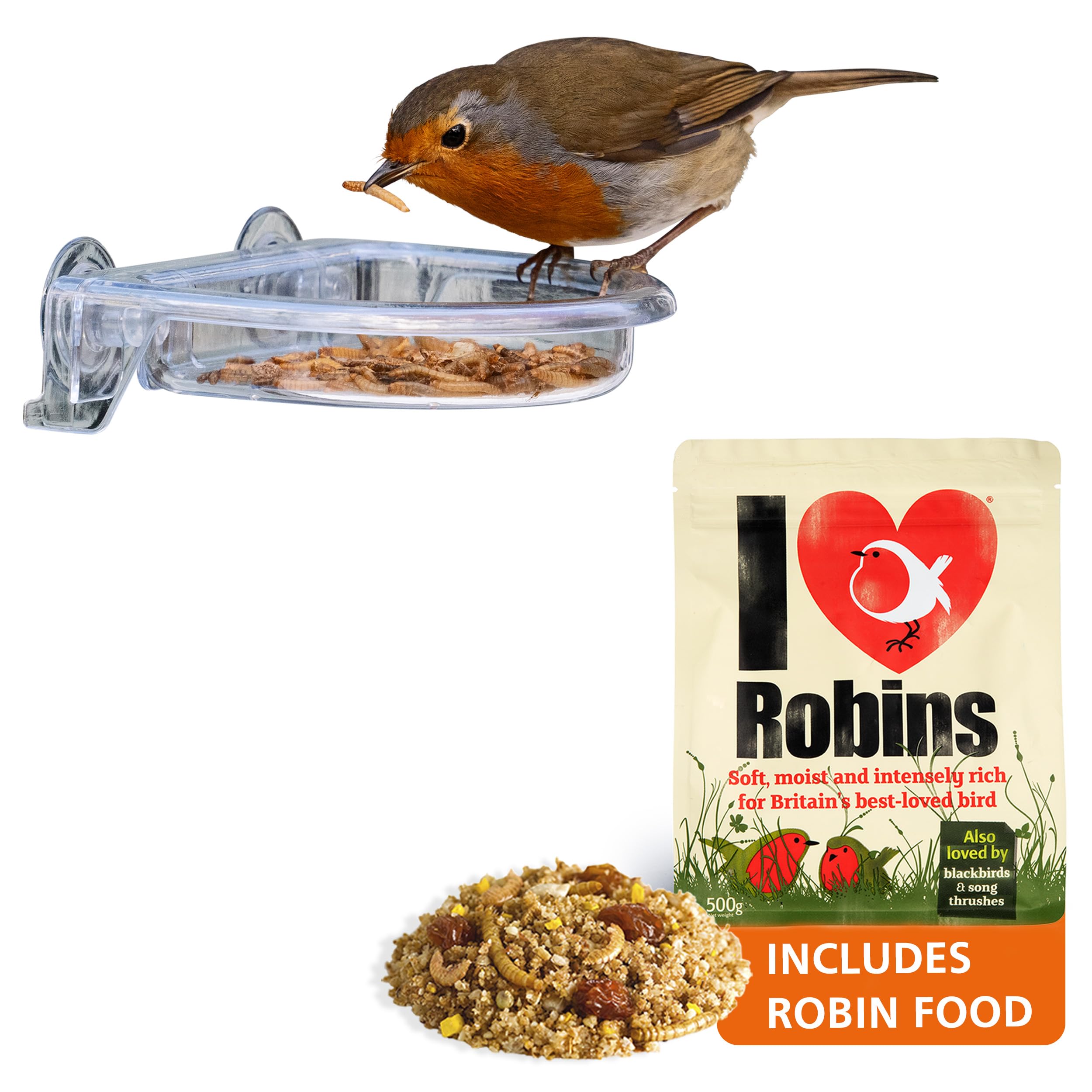 Window Bird Feeder with food- Jacobi Jayne® I Love Robins® TreatTray Feeder and Food - No Mess Stick on Window Bird Feeder - Small, Easy Clean