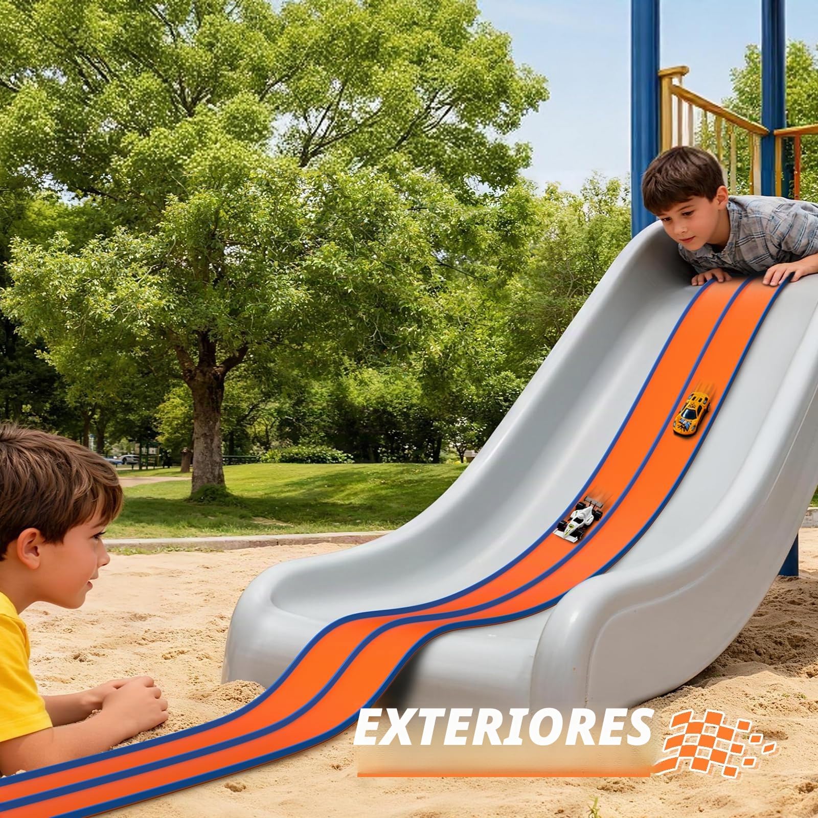 ACELIFE Carreras de Coches Flexibles, 4,5 m, Incluye 6 Coches, Rampas Portátiles de Doble Circuito, Rampas para Coches de 1/64, Regalo para Niños a Partir de 3 Años