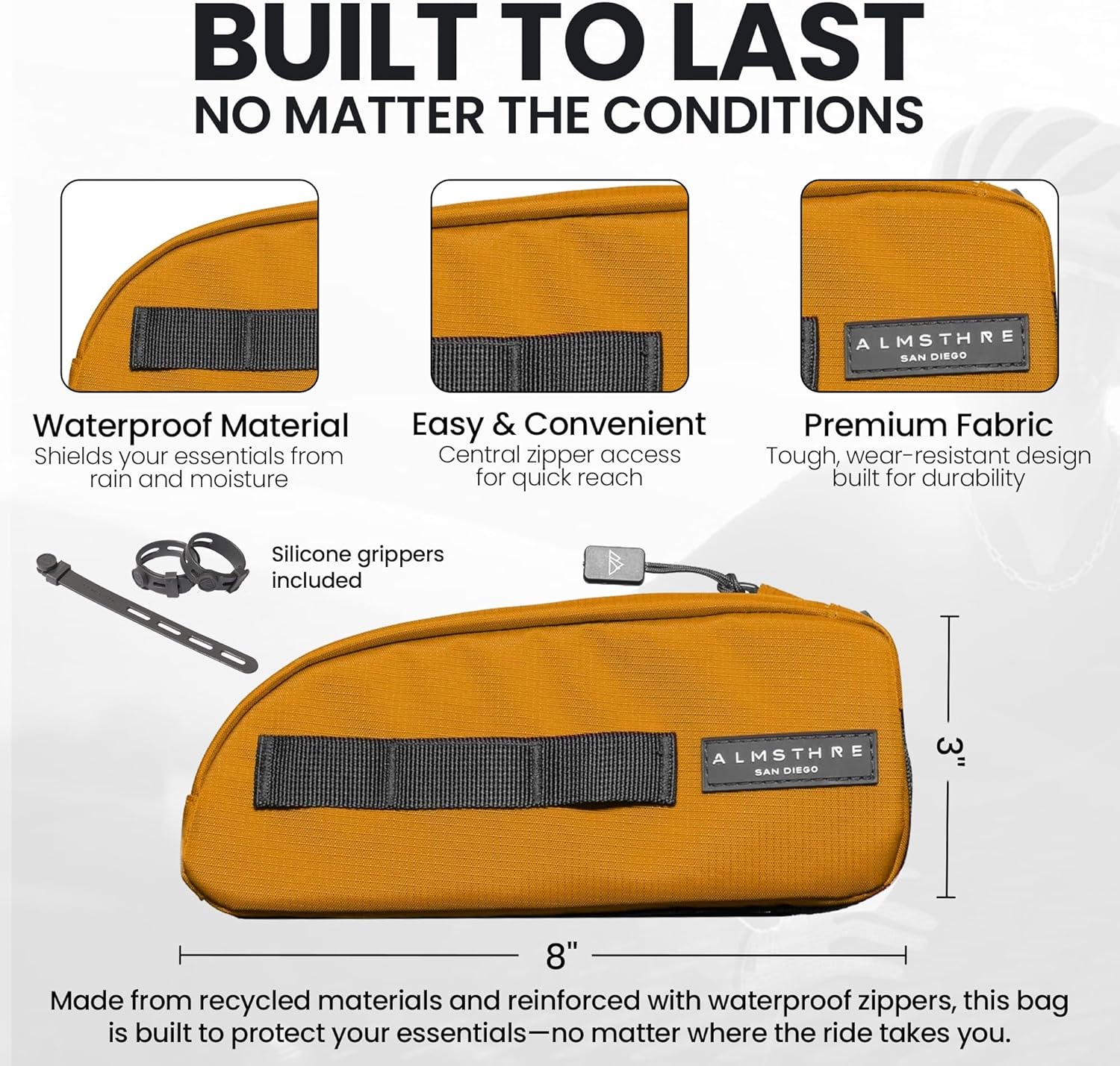 ALMSTHRE Signature Bike Saddle Bag Bundle - Gold | Top Tube Bike Bag, Bike Saddle Bag & Ride Wallet Set | Top Tube Bag with Straps, Bolts & Tether Cord | Waterproof Zippers Across All Items