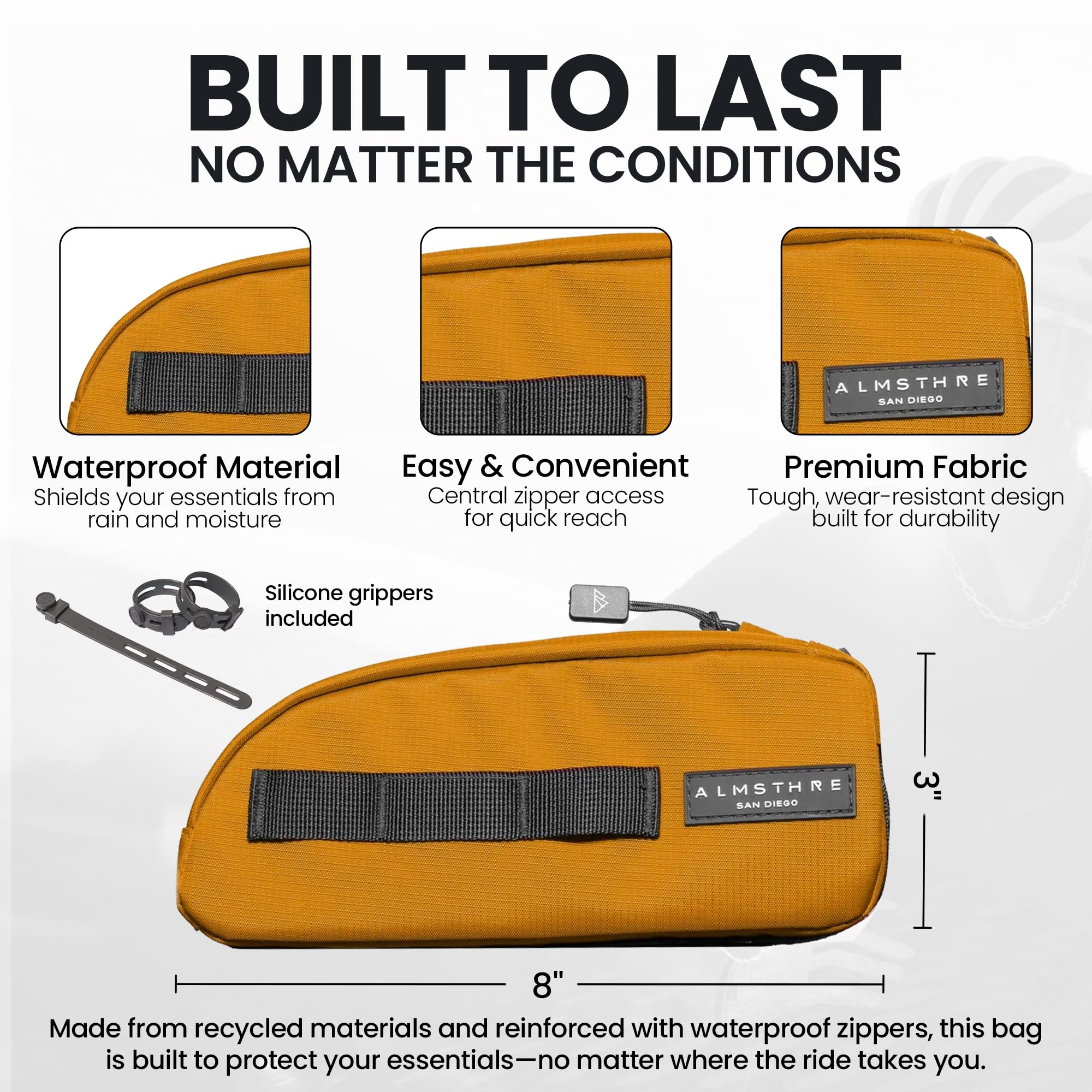 ALMSTHRE Signature - Bolsa Para Marco De Bicicleta, Color Oro California, Tamaño Grande/XL, Material Reciclado Ripstop Duradero, Cremalleras Impermeables Y Diseño Personalizable Para Artículos