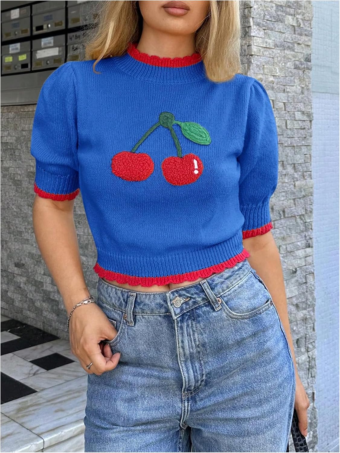 WDIRARA Women's Cute Cherry Sweater Mock Neck Puff Short Sleeve Sweaters Knit Crop Tops - Image 4