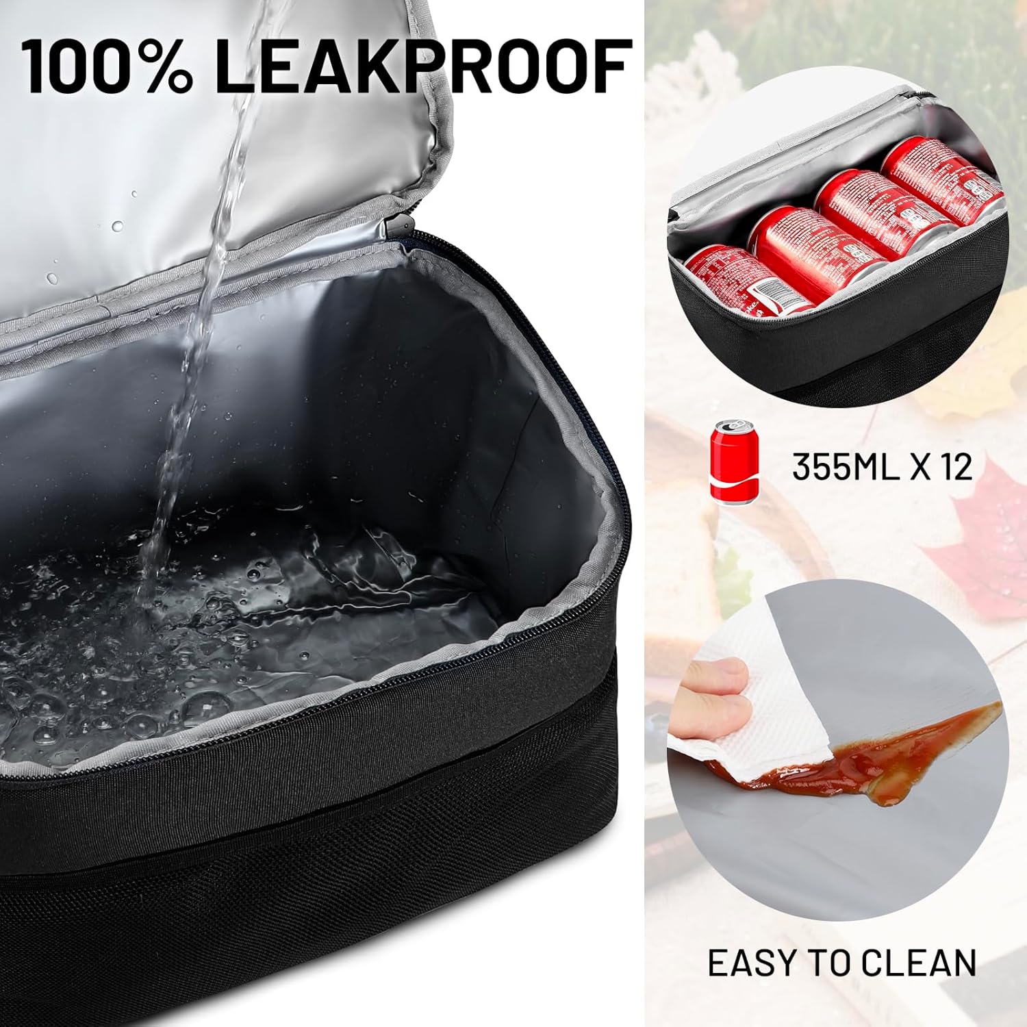 MIER Lunch Bag for Men Women Insulated Portable Lunch Box 12CAN Leakproof Cooler Bag with Shoulder Strap for Office Picnic School, Medium Black - Image 3