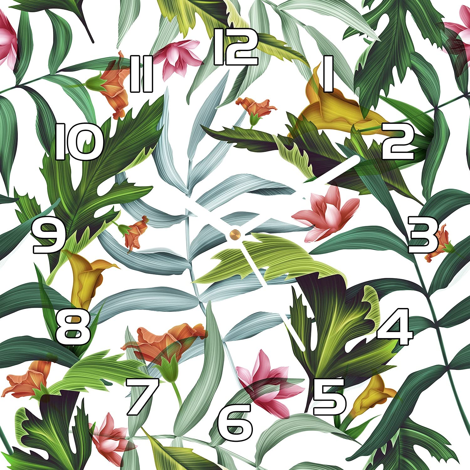 Horloge en verre 30x30 cm Coloray avec aiguilles blanches motif feuilles de monstera pour salon