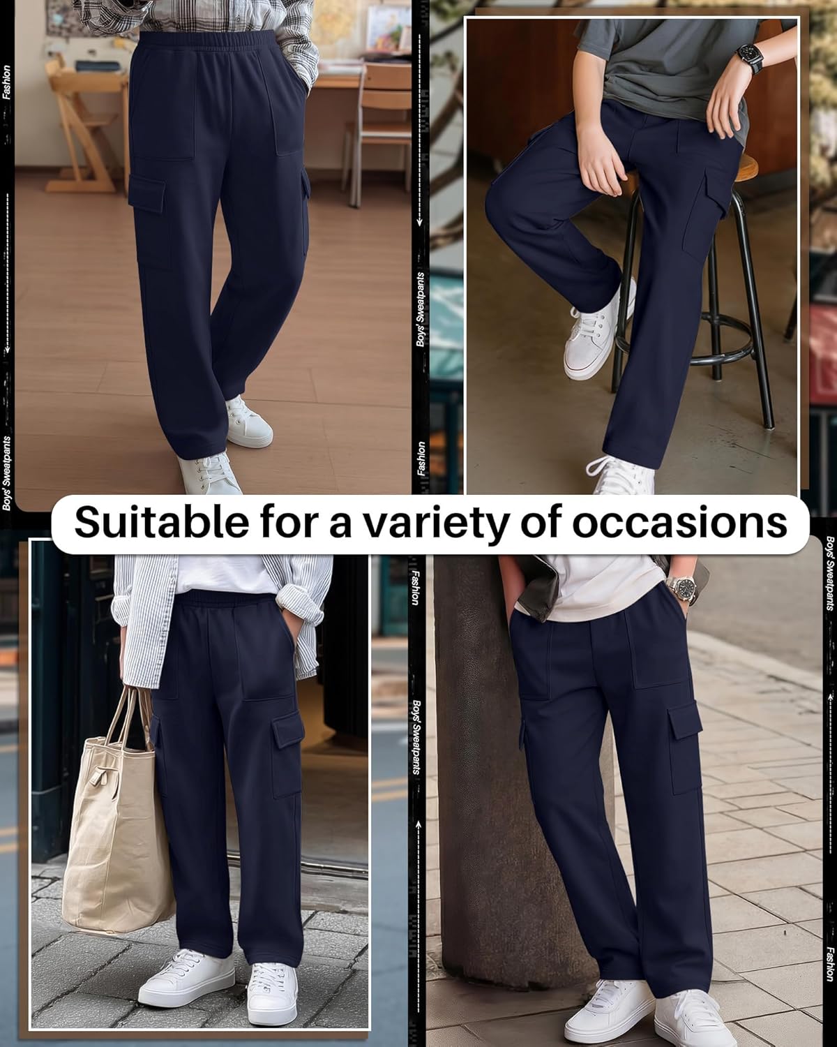 Boy's Cargo Sweatpants Baggy Straight Leg Pants Elastic Waist Open Bottom Athletic Joggers with Pockets