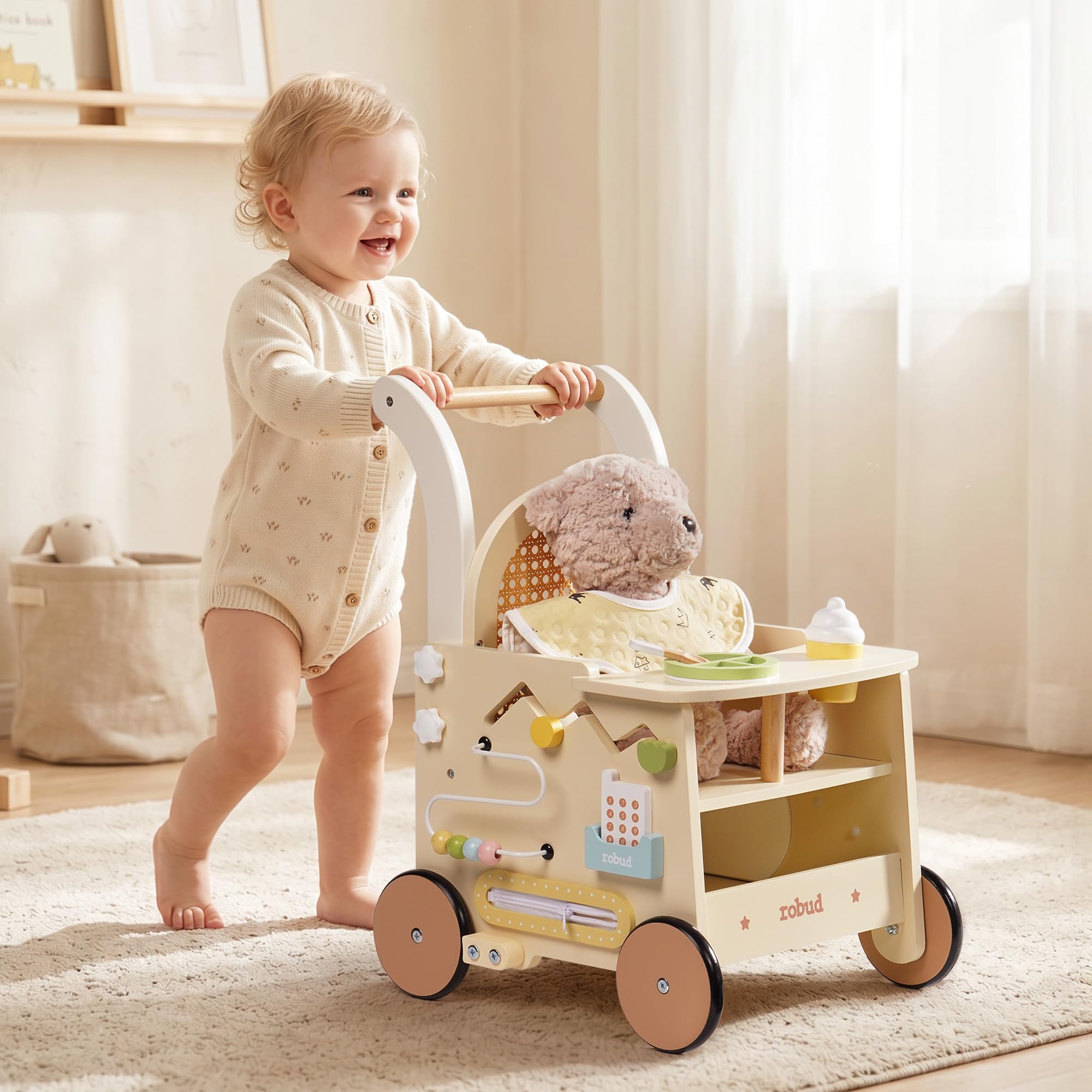 ROBUD Marchette en bois pour enfants de 1 à 2 ans, poussette 2 en 1 avec centre d'activités pour les tout-petits, marcheur à pousser avec frein de sécurité, jouets éducatifs pour garçons et filles de