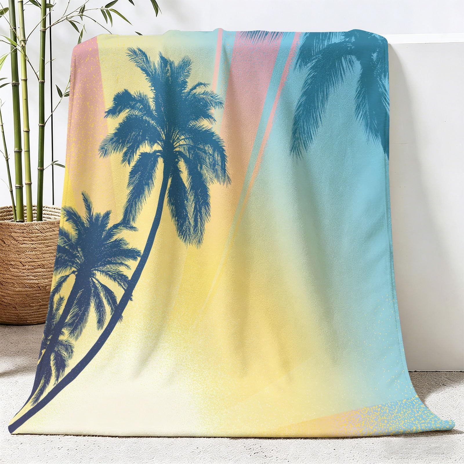 Podwójny koc 200 x 220 cm, naturalna owca, plaża, tropikalna palma, liście słoneczne, nadruk, miękki, przytulny, flanelowy, puszysty, pluszowy koc dla kobiet, dziewcząt, dzieci, dorosłych, nastolatków