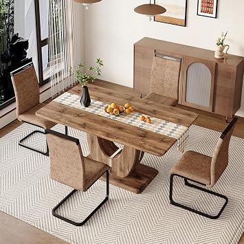 Wood Dining Table Set for 4 with MDF Table Top, Modern Dinner Table and Chairs, Rectangular Farmhouse Dining Room Table Set of 4 for Dining Kitchen Room 63 Table and 4 Upholstered Chairs