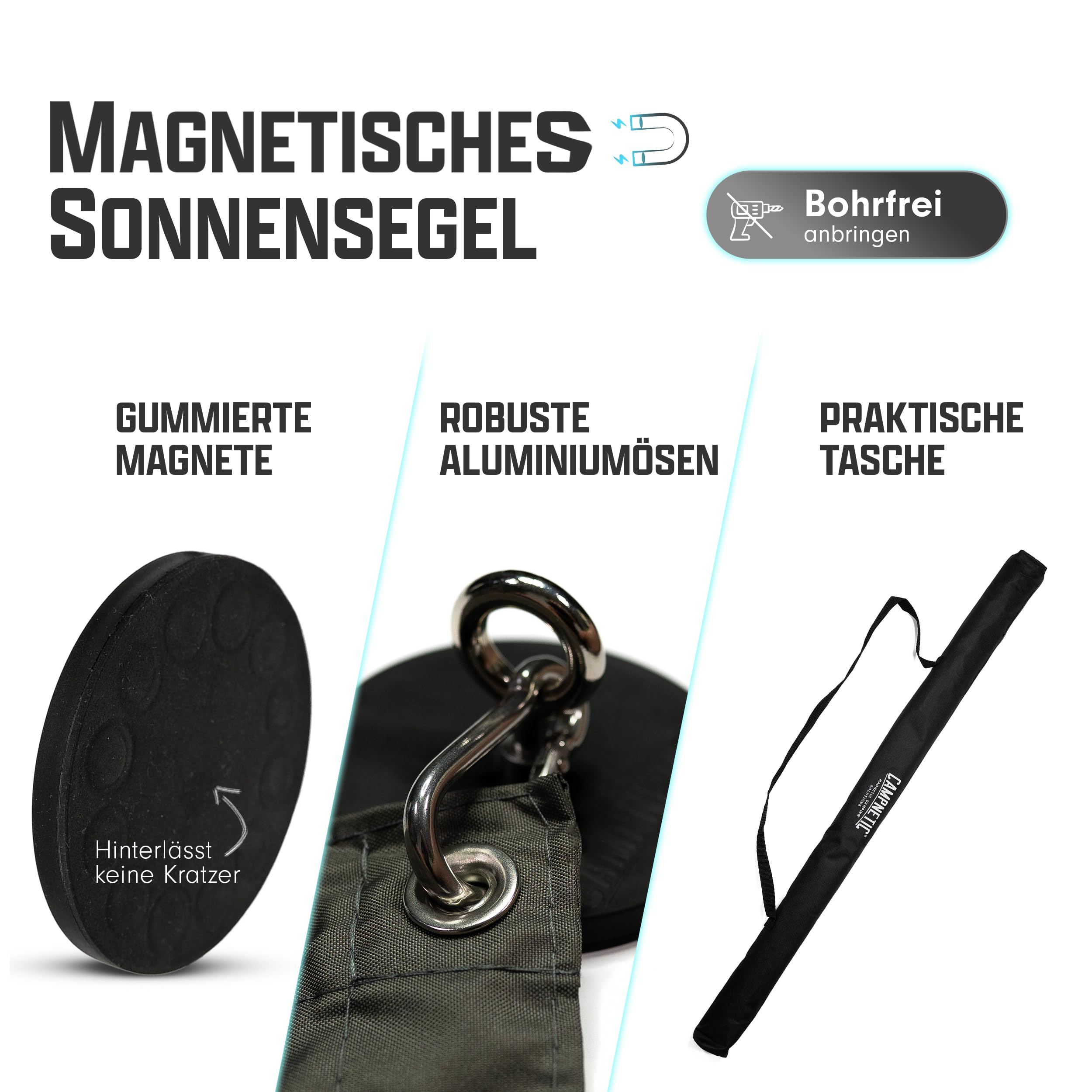 Campnetic Sonnensegel für Camping 2,5x3m inkl. Teleskopstangen u. Zubehör | Camping Sonnensegel, 3 x 56kg gummierte Magnete m Karabinern und Ösen, Sonnenschutz für Kastenwagen & Van, Regenschutz