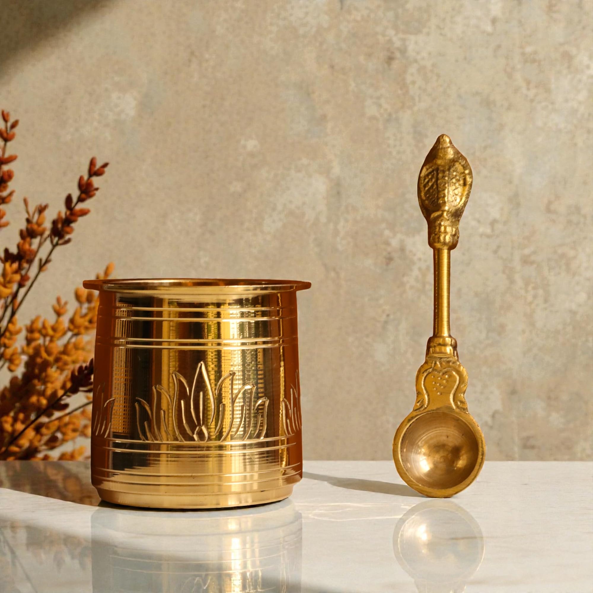 Brass Lotus Panchapatra Udharini Set - Pooja Thali -4