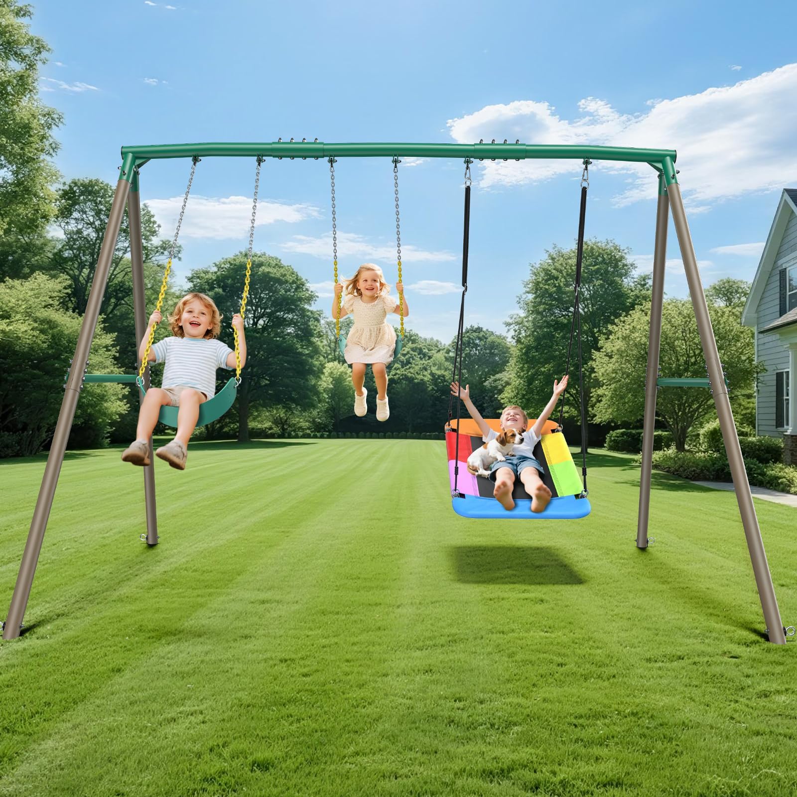 Hapfan 7.3ft Tall Heavy Duty Swing Set, 3 Swings Metal Swing Sets for Backyard, Big Kids Playset for Playground Outdoor - Brown & Green (Patented)