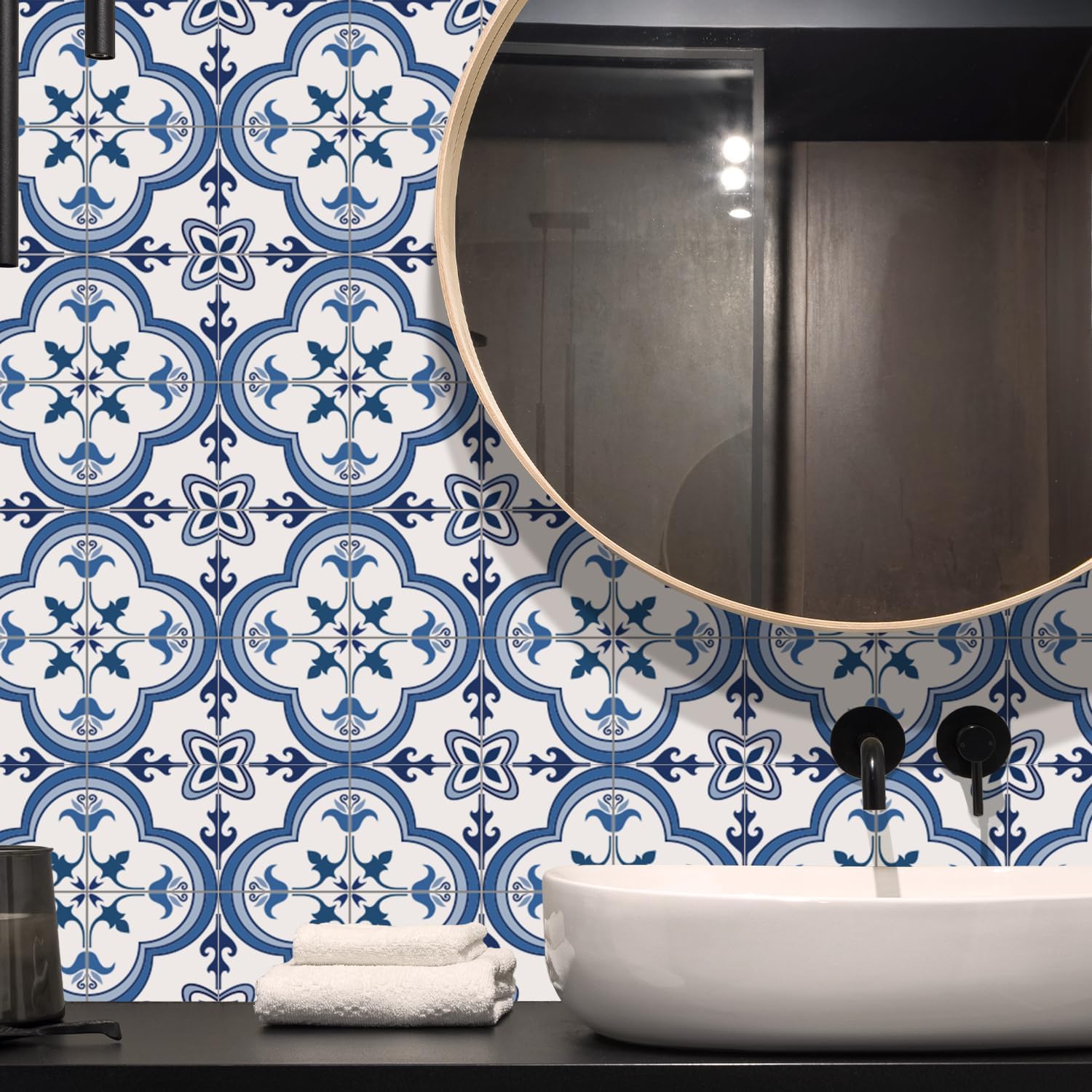 Alwayspon Tile Sticker, Blue and White Self Adhesive Stick on Floor Tiles Transfer for Bathroom Kitchen, Splashback, Peel and Stick Vinyl Flooring Tiles Sticker, 12PcsX15cm/6inch
