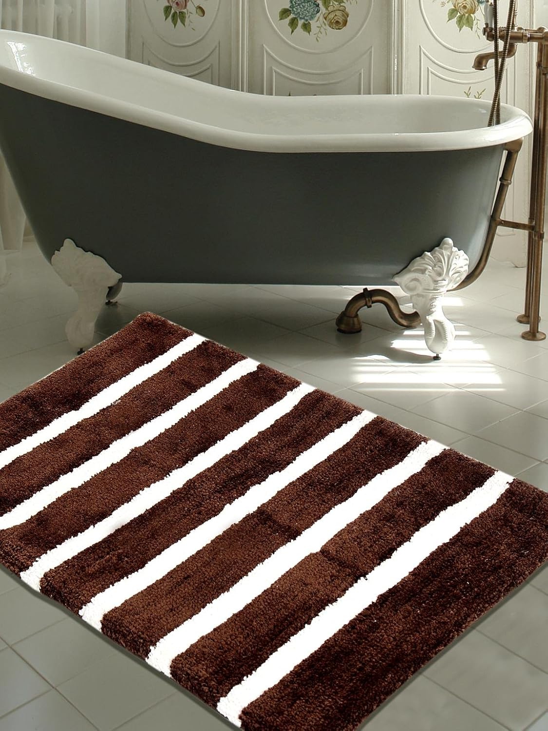 Bold Stripes Collection, Designer, Plush Microfiber Bath Rug, 34" L x 21" W, Brown Ivory