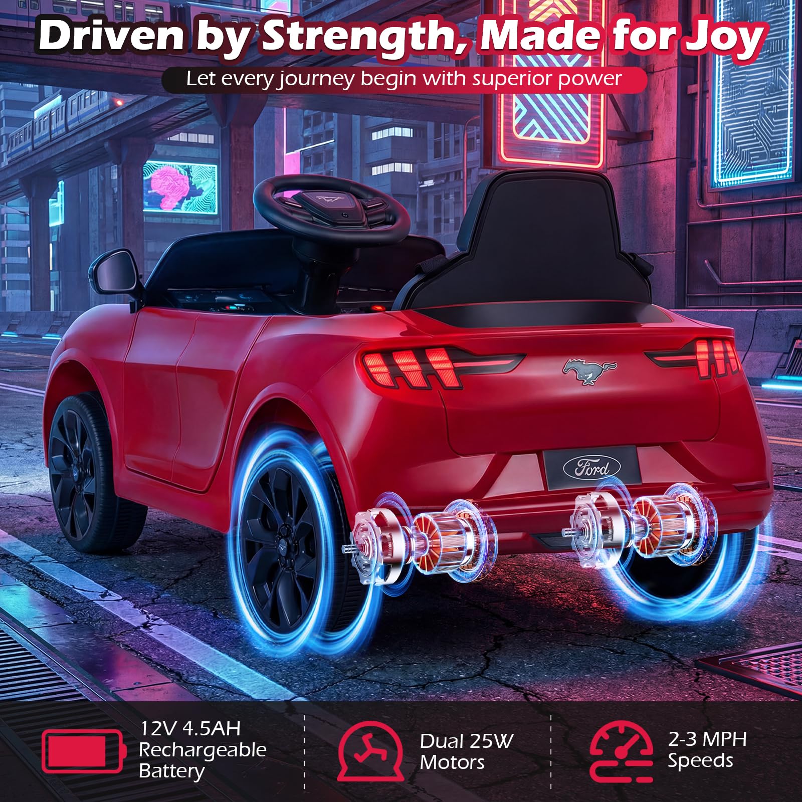 Costzon Ford Mach E - Veicolo elettrico per bambini con controllo genitori, luci LED, clacson, musica, connessione wireless e sospensioni a molla, giocattolo per bambini per ragazze e ragazzi (rosso)