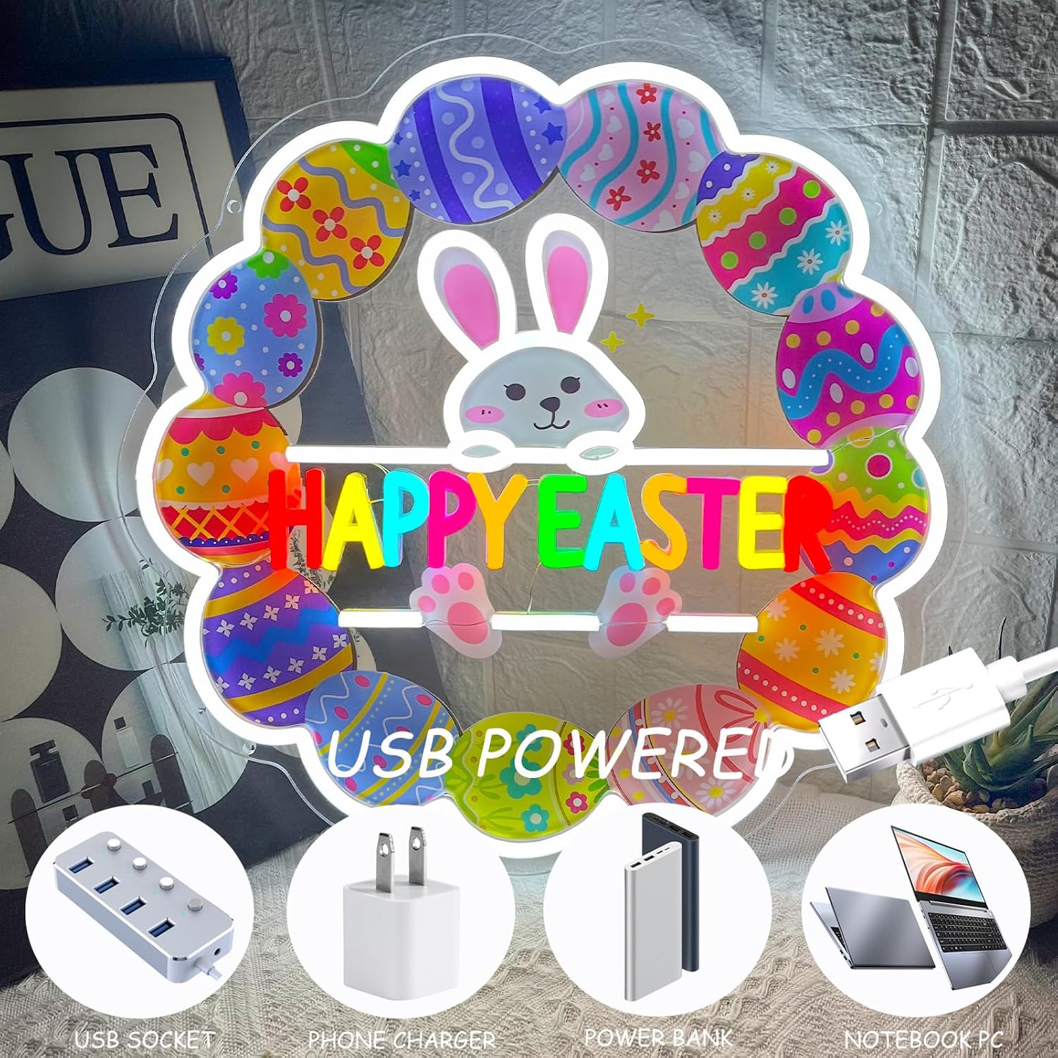 Easter Neon Sign 16.3"x16.1"Circular Egg Wreath with Bunny Head Neon Light USB Dimmable LED Light Up Sign for Holiday Party Bedroom Living Room Easter Themed Decor Present for Kids Adults