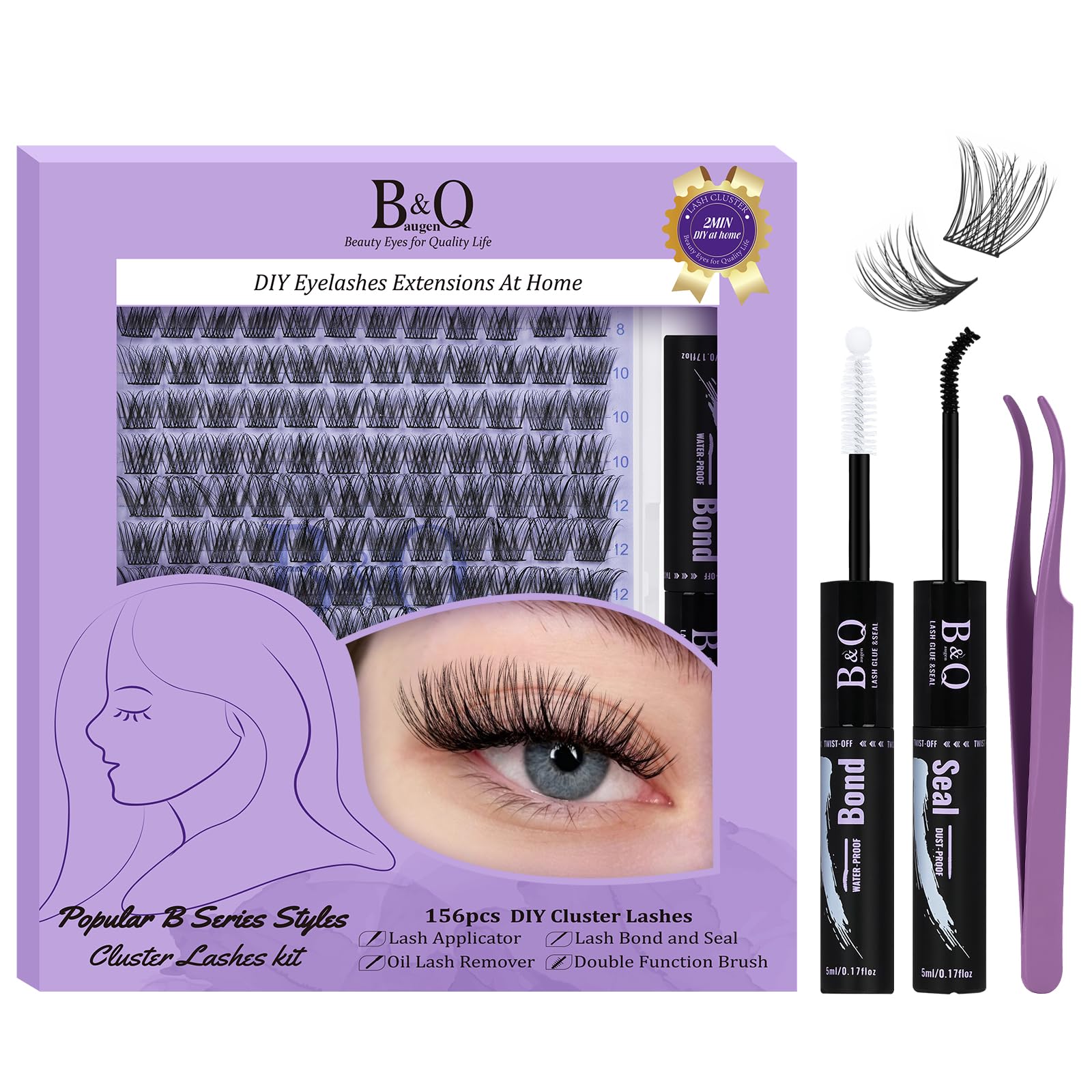 B&Q Natural Cluster Lashes Kit 156PCS, Everyday Eyelash Clusters D Curl Lash Clusteres Kit 8-16mm Barely-There Comfort Lash Extension Set Wispy Lash Clusteres Beginner-Friendly (B15 Set)