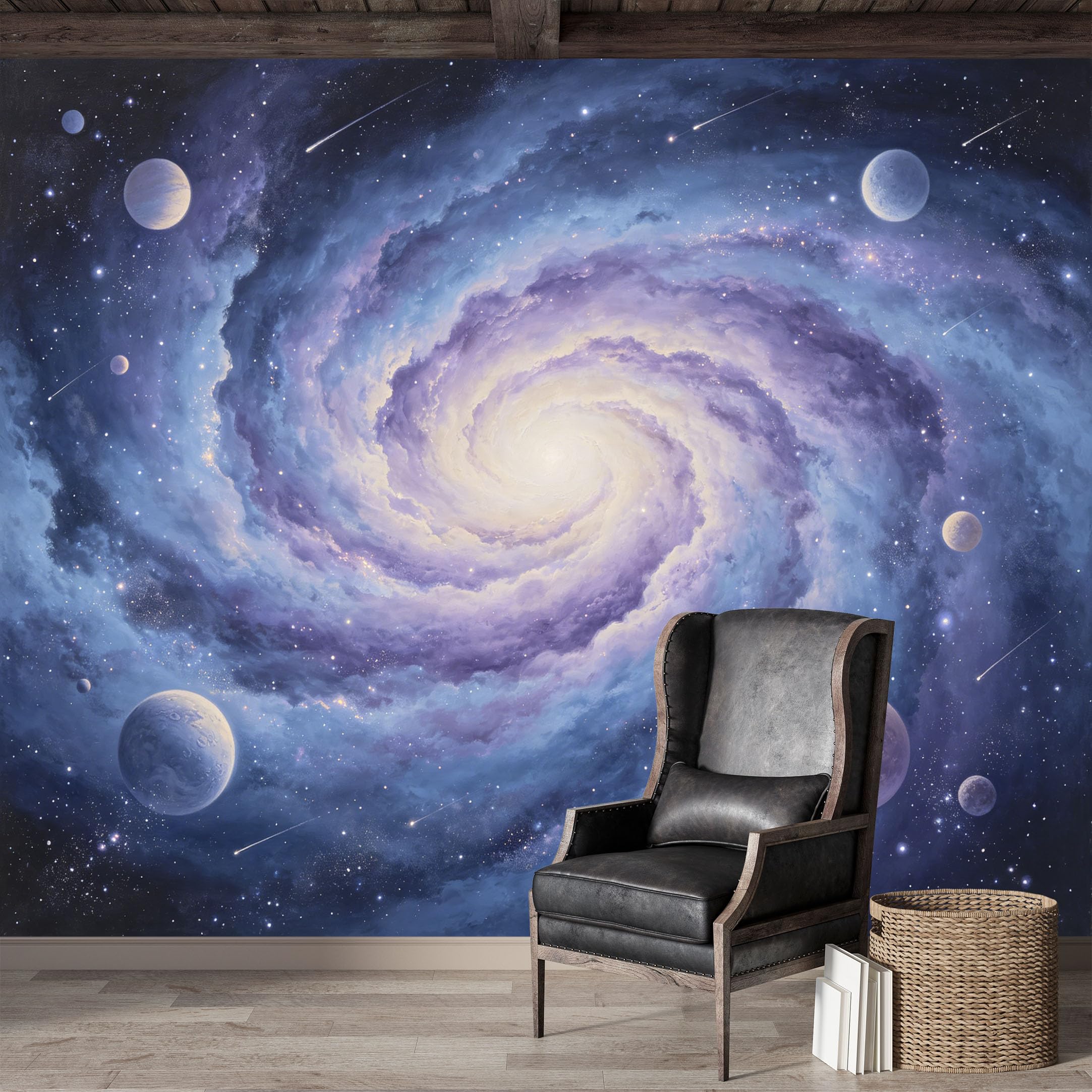 Custom Size Wall Mural,Cosmic Nebula Galaxy Planets Shooting Stars Watercolor Premium Water Activated SelfAdhesive Wallpaper,Removable Wall Covering for Indoor Home Decor