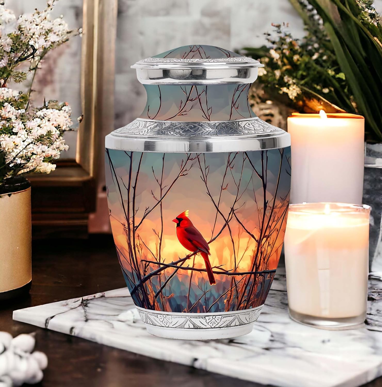Cardinal Bird Urn - Large Urn for Ashes Adult Male & Female - Unique Burial Urns for Women - Memorial Funeral Urns - 10 Inch