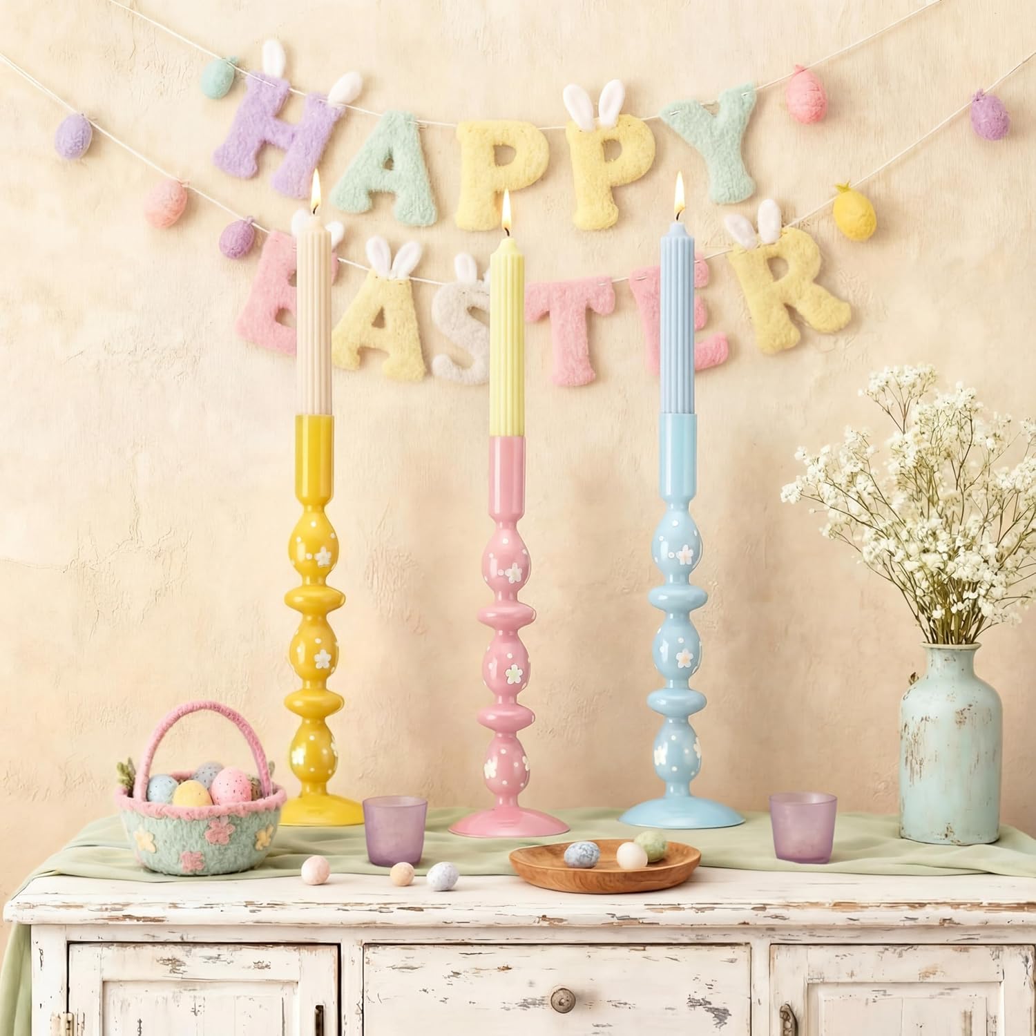 3 Pcs Pastel Easter Glass Candle Holders Set Spring Daisy Egg Taper Candlestick Holders for Spring Easter Home Table Centerpieces Fireplace Mantle Dining Decorations Holiday Office Home Gift