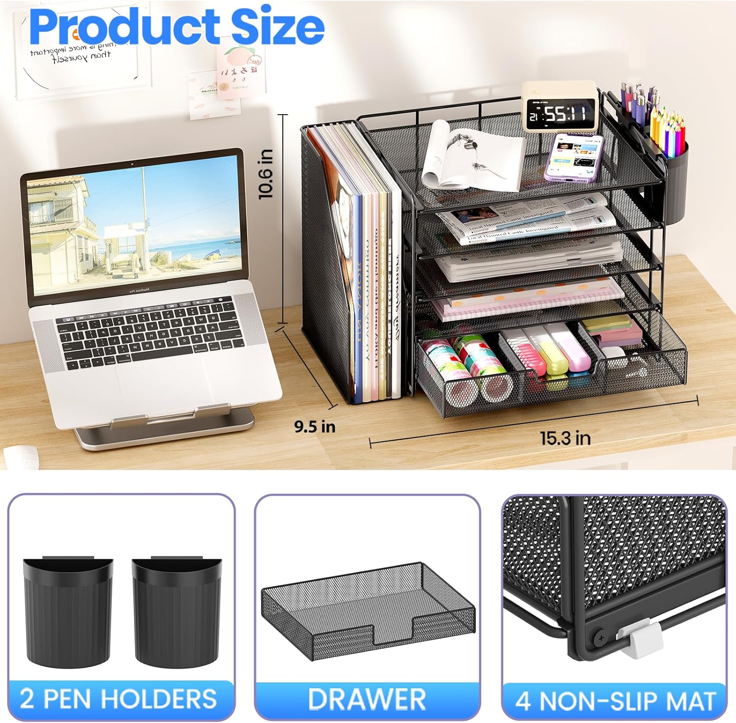 OPNICE Desk Organizer, 5-Tier Paper File Organizer with Drawer & Pen Holder, Office Desk Accessories, Workspace Desktop Organizer for Office Supplies(Black) - Image 2