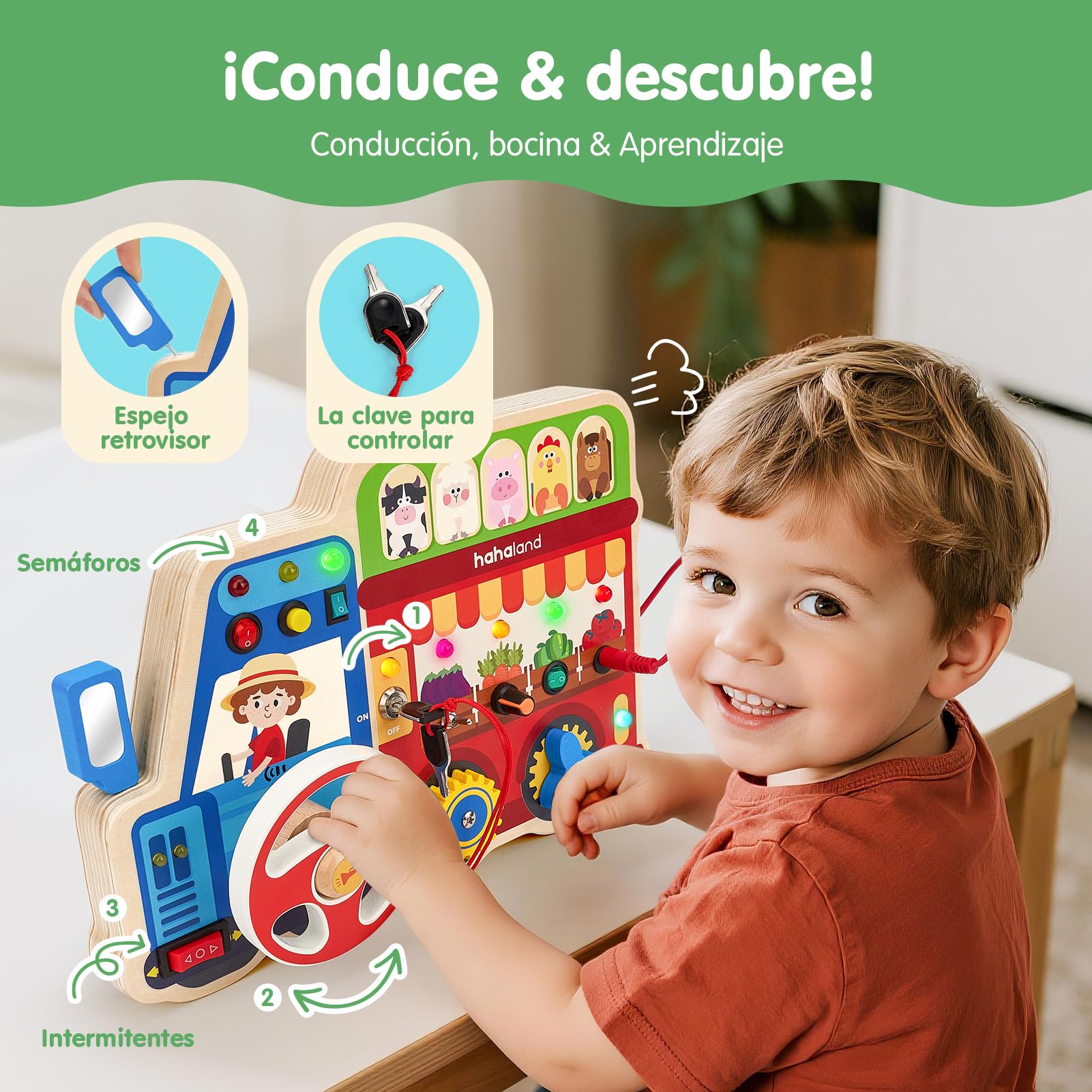 hahaland Juguetes Montessori Niños 1 año, 18 en 1 Busy Board de Madera | Luces LED y Interruptores, Motricidad Fina para Bebés Juguetes Sensoriales 1 2 3 años