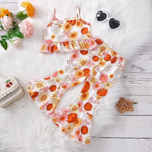 Miniatura 8 de Goodplayer Conjunto de ropa de verano para niñas pequeñas, sin mangas, con botones, pantalones florales acampanados, conjunto de ropa de verano para