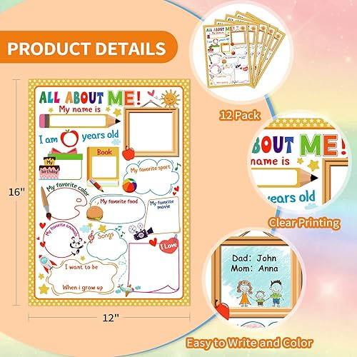 Miniatura 4 de PETCEE Pósteres All about Me  12 pósteres de 12 x 16 pulgadas para estudiantes de estrellas para autointroducción, jardín de infantes, preescolar