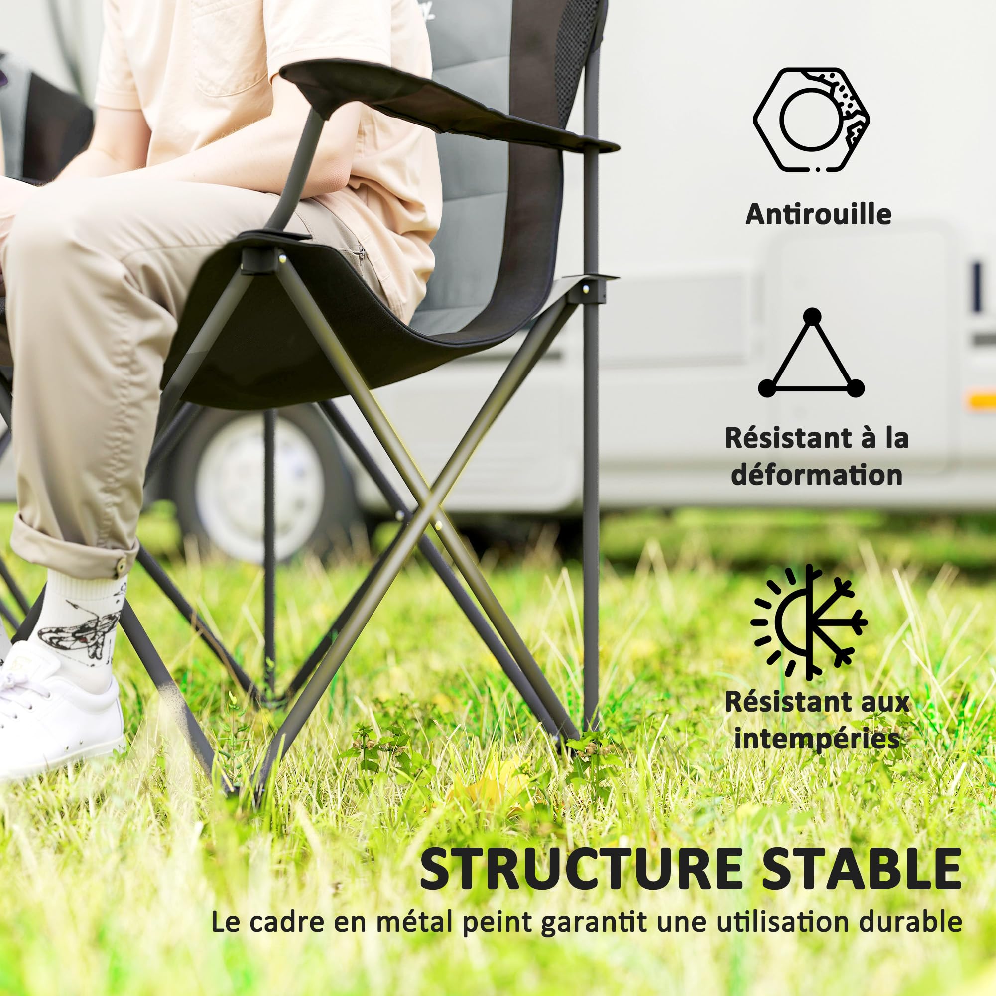 Outsunny Lot de 2 Chaise Pliante Camping Chaise de pêche Portable rembourrée à Dossier Haut avec Porte-gobelet, Fauteuil Pliable pour randonnée, Plage, Pique-Nique, Voyage, Charge 120Kg, Gris foncé