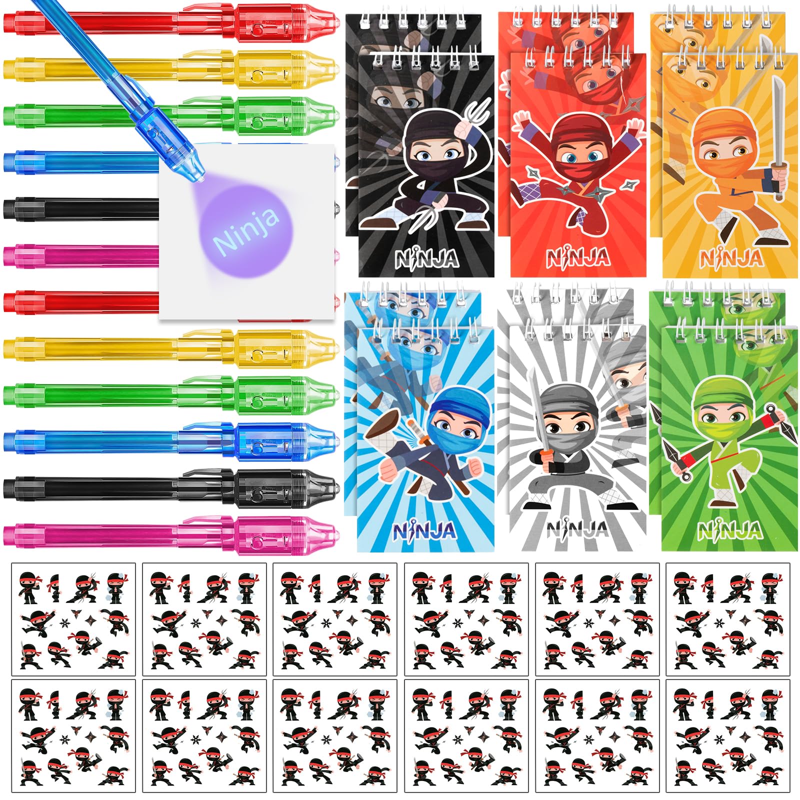 Ninja-Partygeschenk-Set: 12 Unsichtbare Tintenstifte Mit UV-Licht & 12 Mini-Notizblöcke (24 Teile)