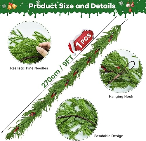 Miniatura 2 de Guirnalda de pino Norfolk de Navidad de 9 pies, guirnalda de vegetación artificial con cinta de luces para chimenea, mesa, pared, escaleras y