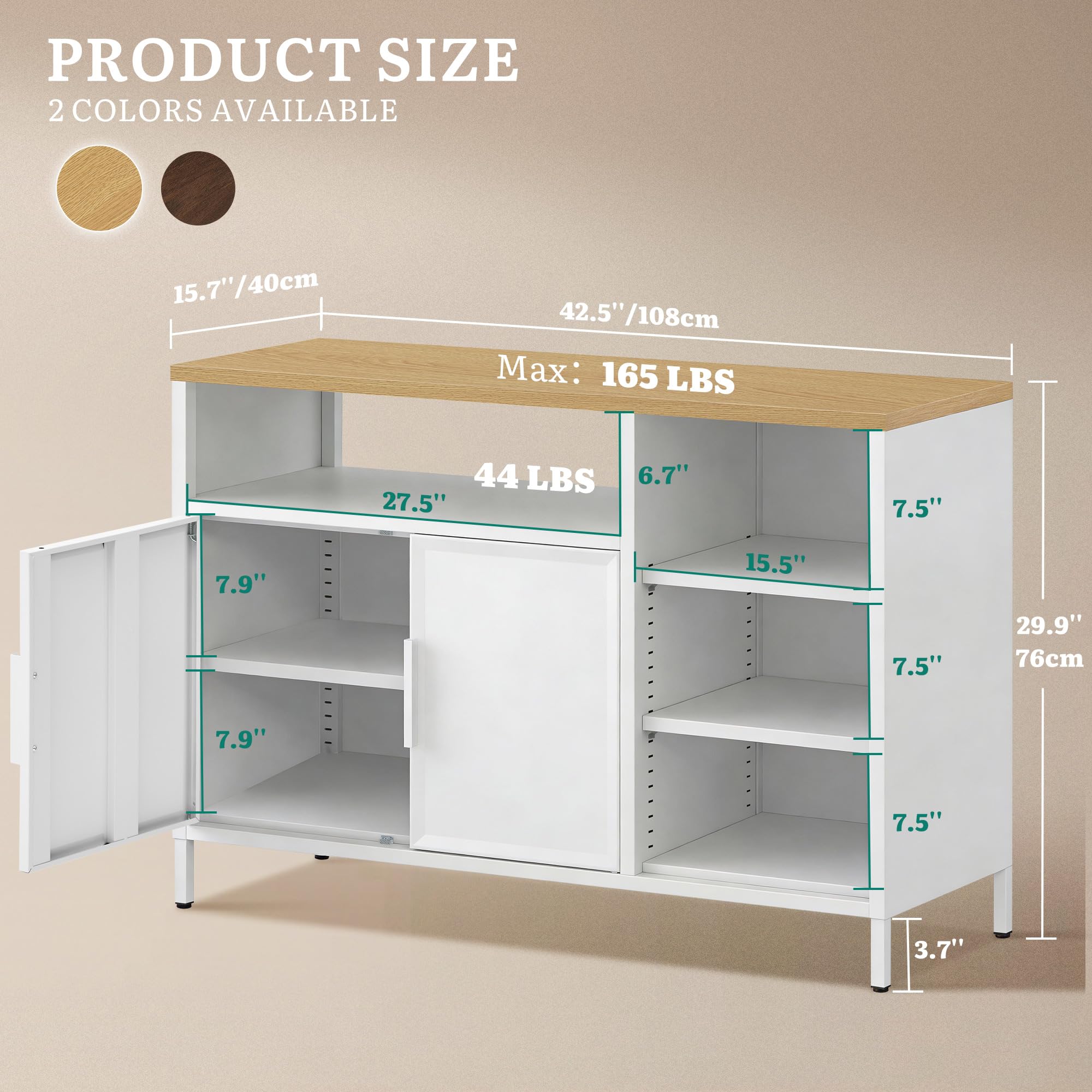 YITAHOME Armario de Almacenamiento, Armario de Metal, aparador, Armario con Puertas Dobles, Cierre magnético, estantes Ajustables, Marco de Acero, 42.5 x 15.7 x 29.9 Pulgadas, Caja Blanca + encimera