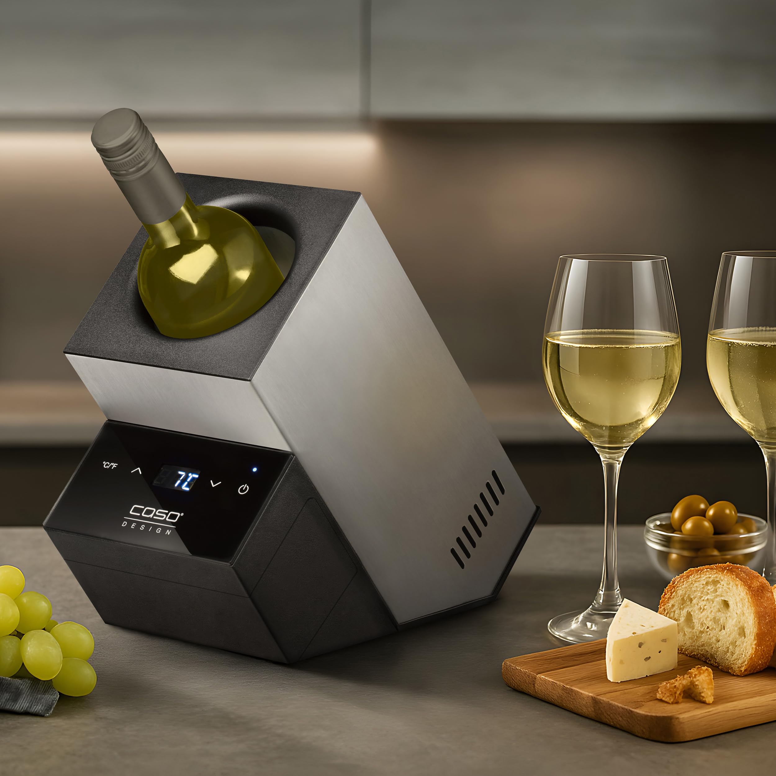 CASO WineCase Deluxe Inox - Termica vino con batteria per 1 bottiglia (fino a 90 mm di diametro), in acciaio INOX silenzioso