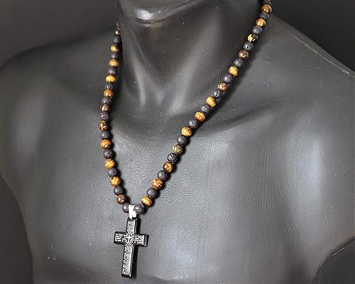 Miniatura 4 de Cross Necklace & Natural Tiger Eye Black Lava Gemstone Protection Beaded Long Macrame Adjustable Necklace Gift For Men's Christmas Gift