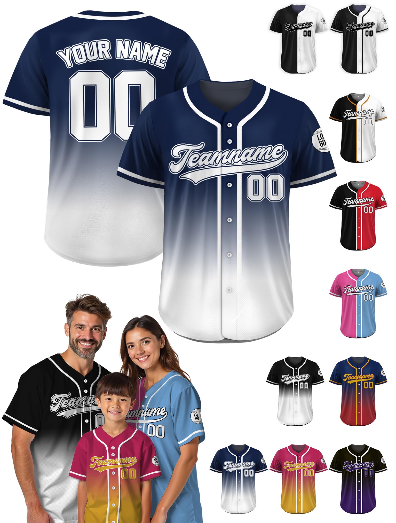 Custom Baseball Jersey – Personalized Name, Number & Logo, Gradient Blue White Baseball Jersey Sports Uniform for Men, Women, Youth, Toddlers