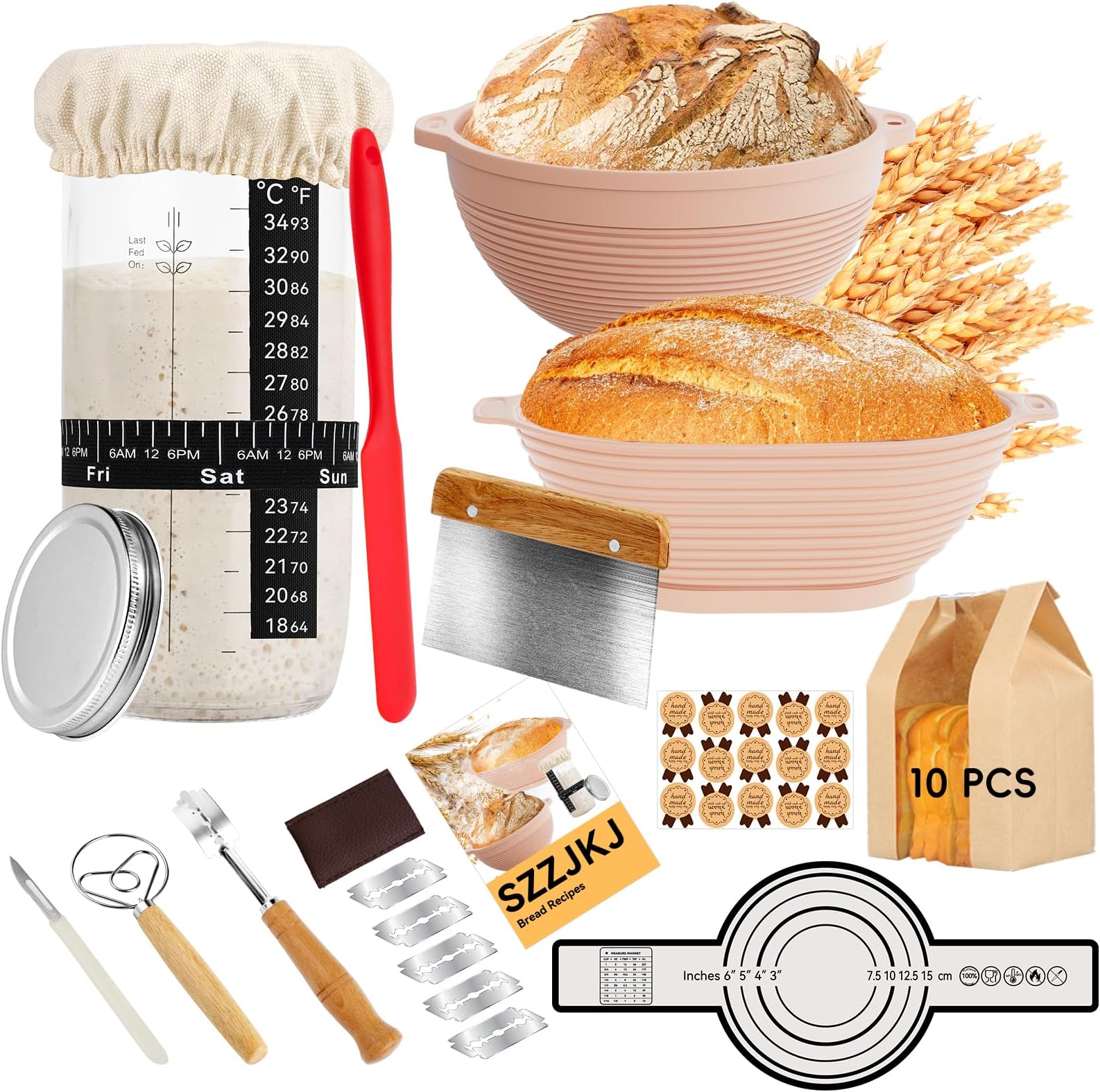 Sourdough Starter Kit, 24PCS Sourdough Bread Baking Supplies, 9"Round & 11"Oval Banneton Bread Proofing Basket, Bread Sling, Starter Jar, Whisk, Scrapers, Bread Lame, Bag, Sour Dough Making Tools Kit