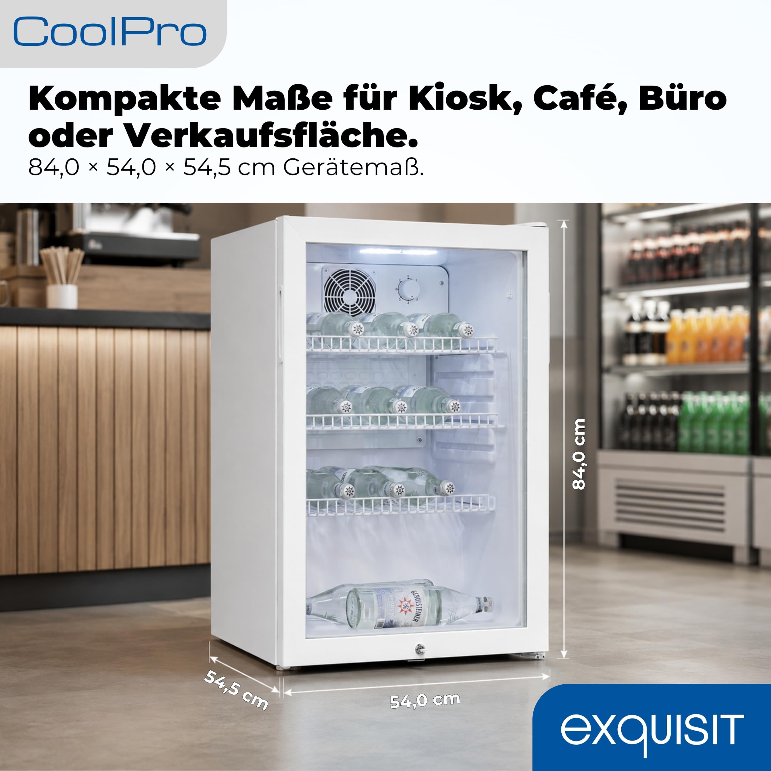 Exquisit GKS120-GT-160C - Frigorífico para bebidas (capacidad neta: 118 L, cierre de puerta, 3 estantes, ventilador de circulación, dispositivo de soporte), color blanco