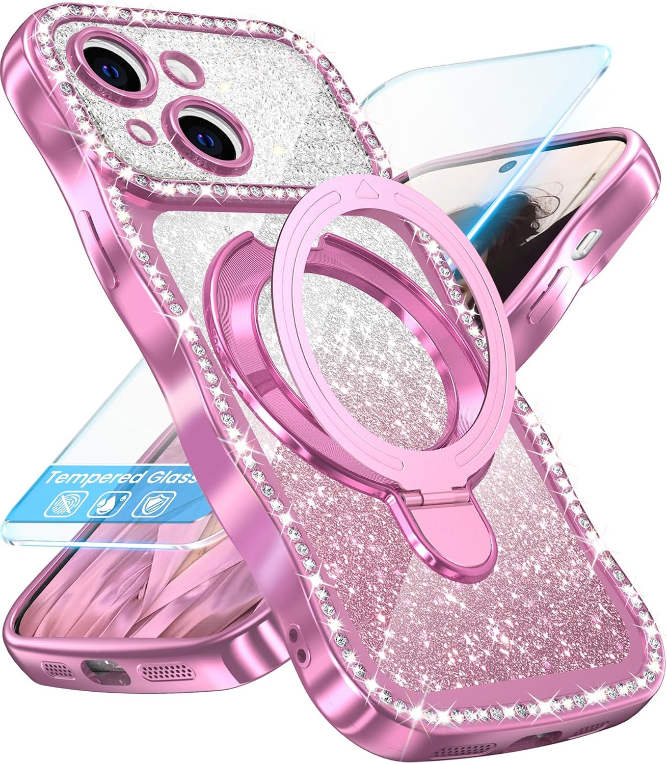 Diamond Wavy Edge Kickstand Phone Case for iPhone 13/14-Rose Purple